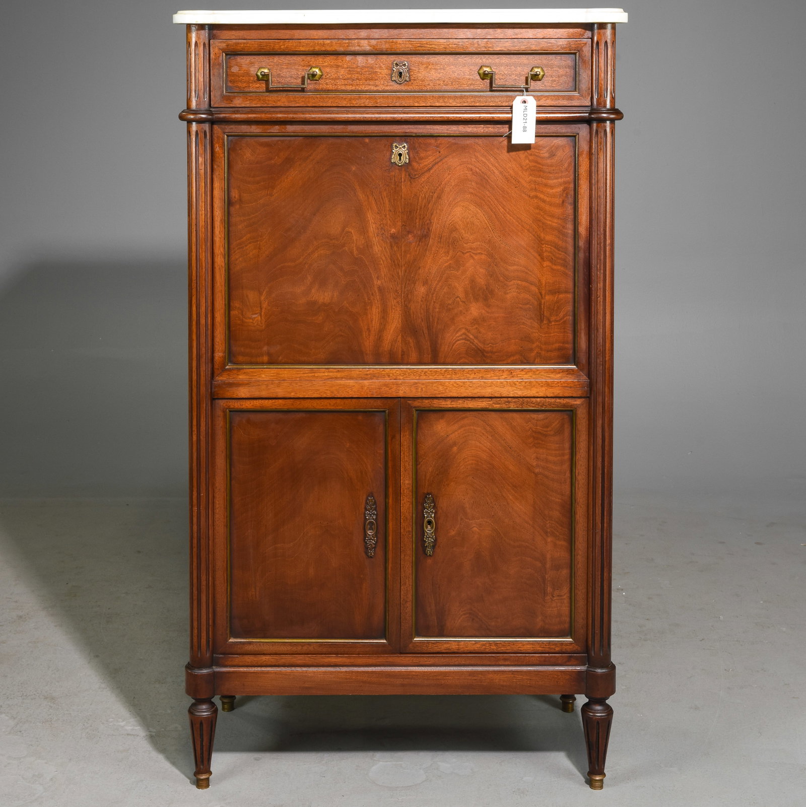 Louis XVI Style White Marble Top Secretary Abattant: French Louis XVI Style White Marble Top Secretary Abattant c.1930's-40's - 55 in tall x 31.5 x 15.5