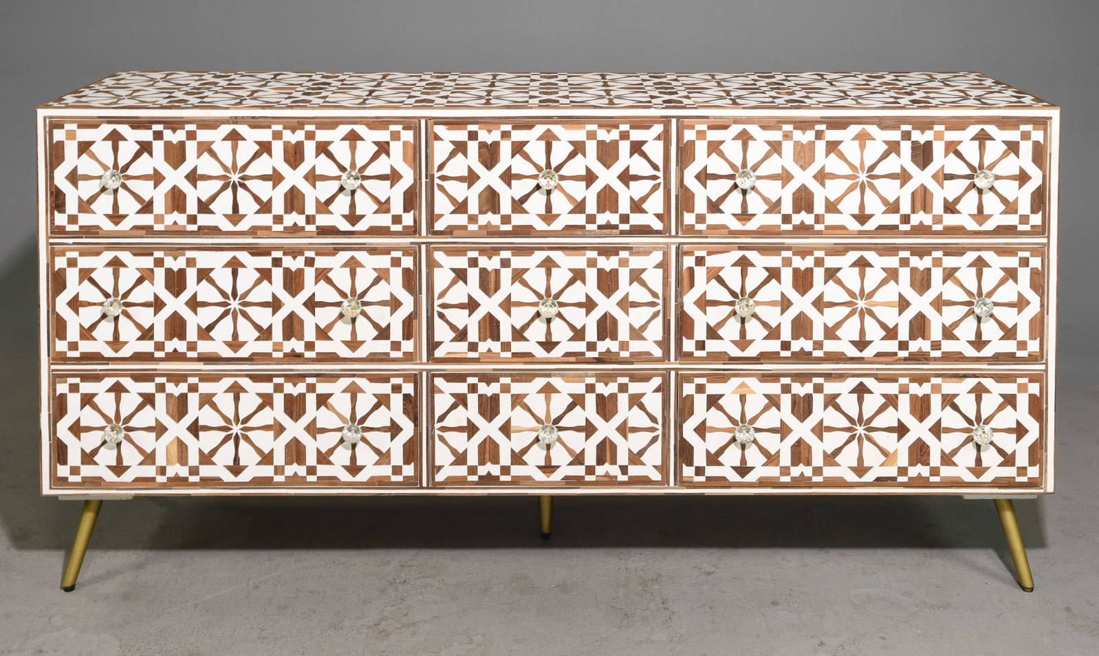 Modernist Bone Inlaid 9 Drawer Credenza: Modernist Bone Inlaid 9 Drawer Credenza / Dresser - 35 in tall x 69.5 x 20
