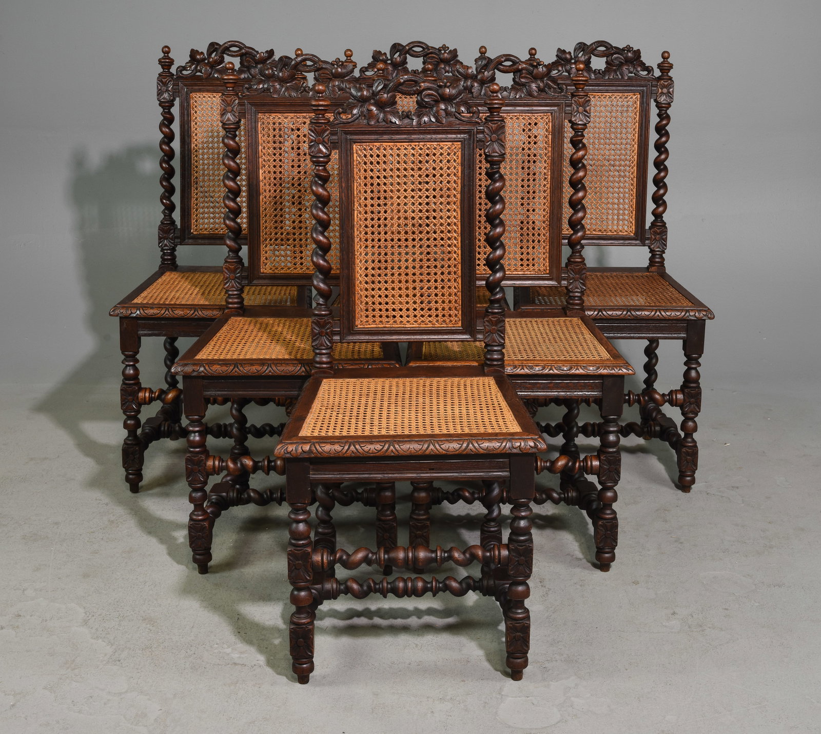 Set of 6 Louis XIII Style French Twist Dining Chairs: Set of 6 French Louis XIII Style French Twist Oak Dining Chairs with Cane - 41 in tall x 19 x 18, Seat height is 18.75 inches