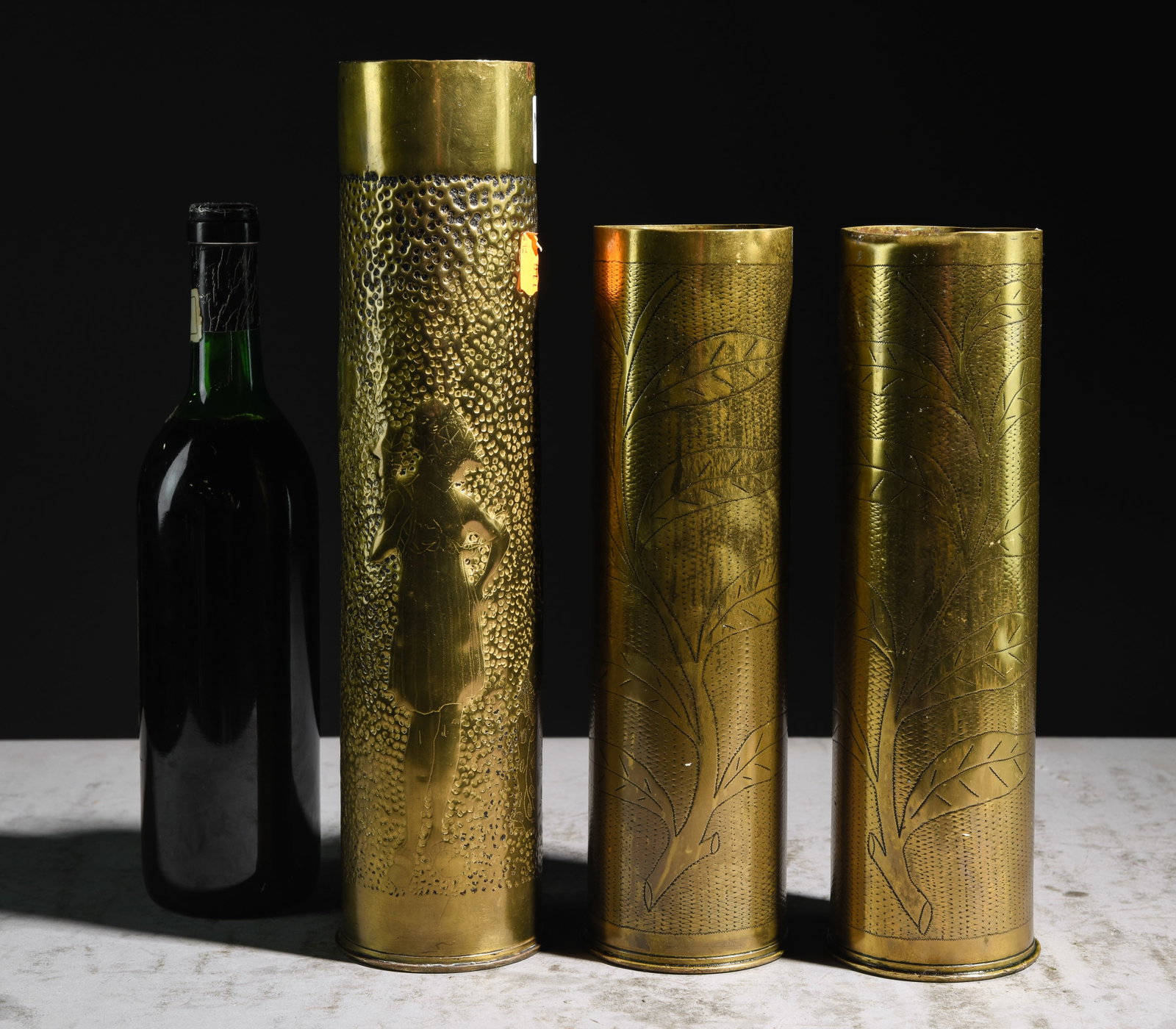 Pair of Brass Trench Art Vases & 1 Other: Pair of Brass Trench Art Vases & 1 Other - Tallest is 14 in tall x 4 inch diameter
