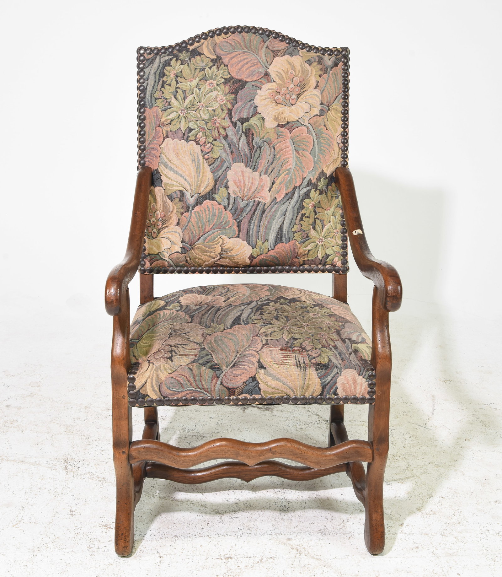 French Mouton Style Floral Upholstered Arm Chair: French Mouton Style Floral Upholstered Arm Chair - 44 in tall x 22 x 23, Seat height is 17 inches