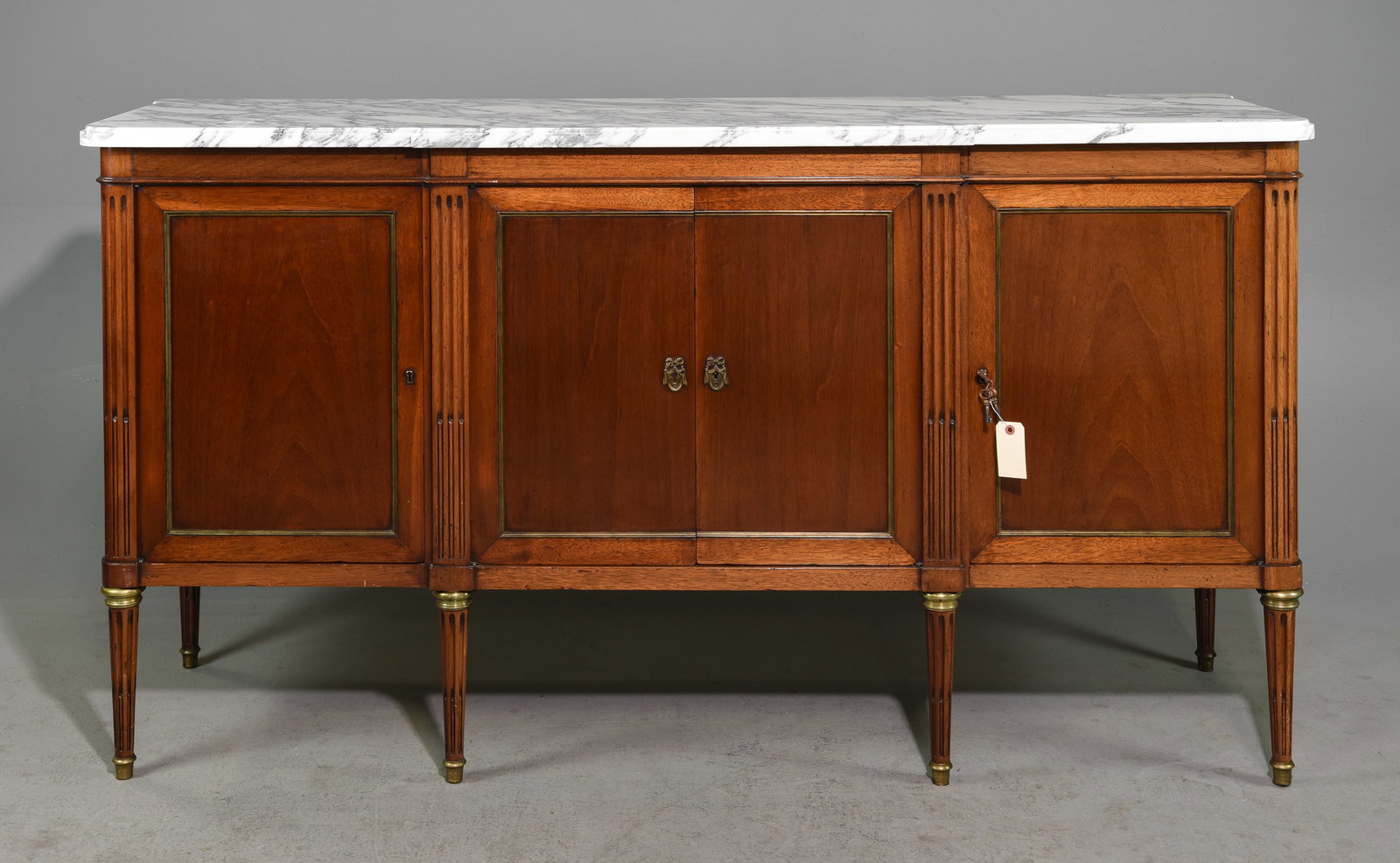 Louis XVI Style White Marble Top Sideboard #1: French Louis XVI Style White Marble Top Sideboard / Enfilade c.1930's-40's - 39.5 in tall x 72 x 21.5