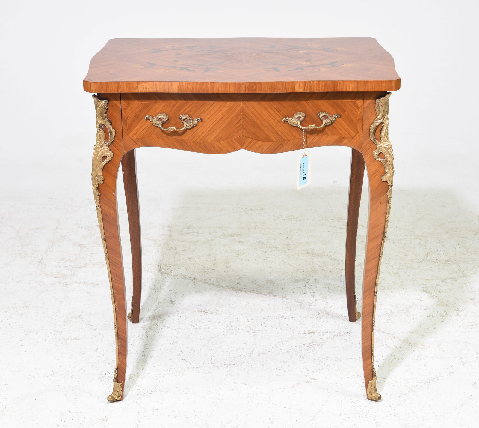 Louis XV Style Inlaid Writing Table with Gilt Ormolu: French Louis XV Style Inlaid Writing Table with Gilt Ormolu c.1930's-40's - 30 in tall x 27 x 19.5, Floor to under is 23.75 inches