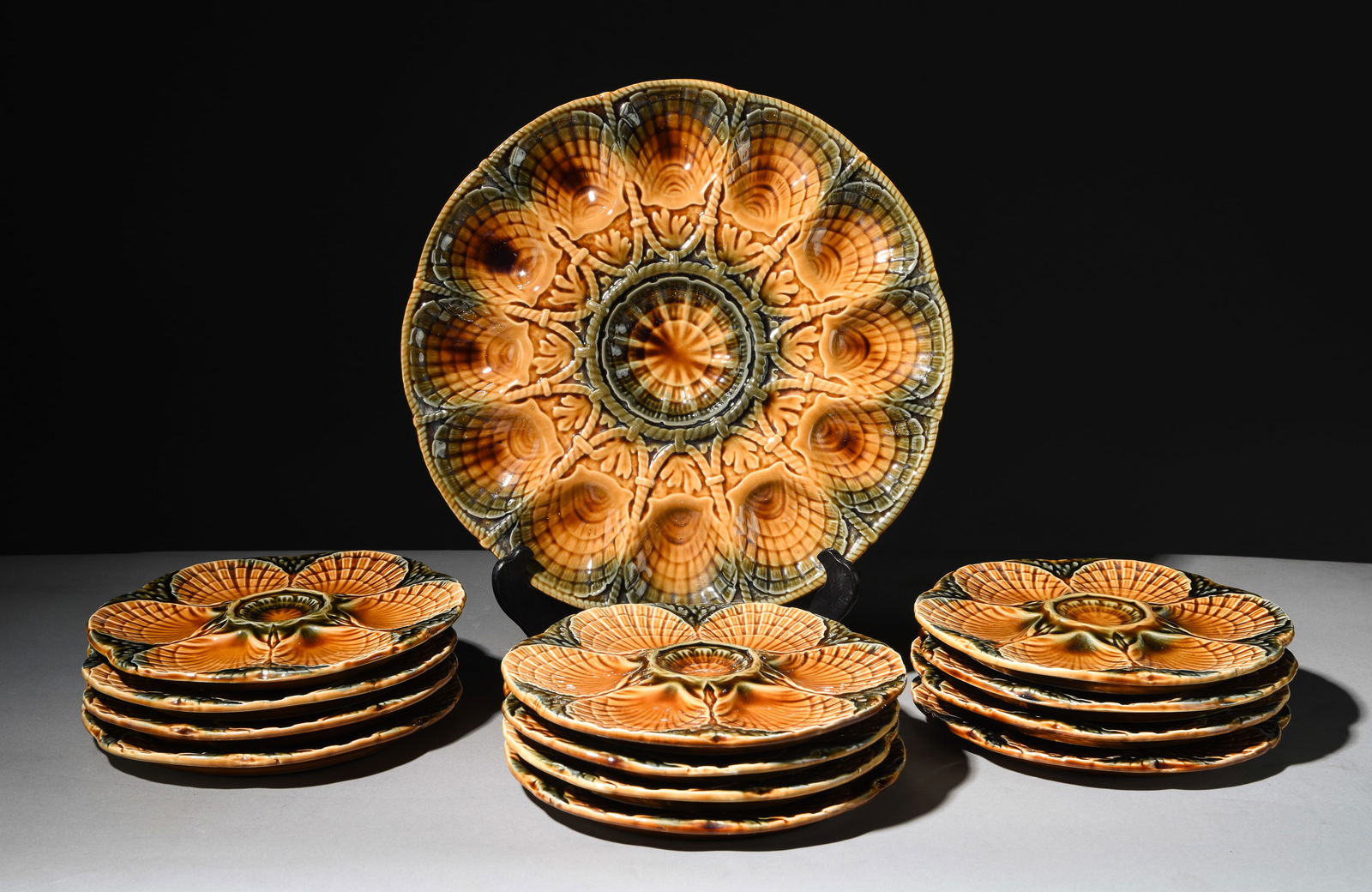 13pc French Brown & Green Oyster Plate Set (1 of 7)