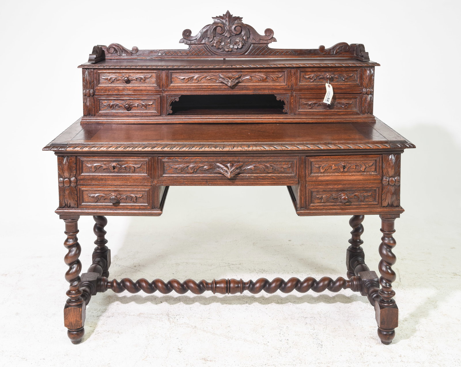 Louis XIII Style Carved Oak French Twist Desk: French Louis XIII Style Carved Oak French Twist Desk c.1920's-30's - 48.5 in tall x 51.5 x 24, Kneehole is 24 x 19.5