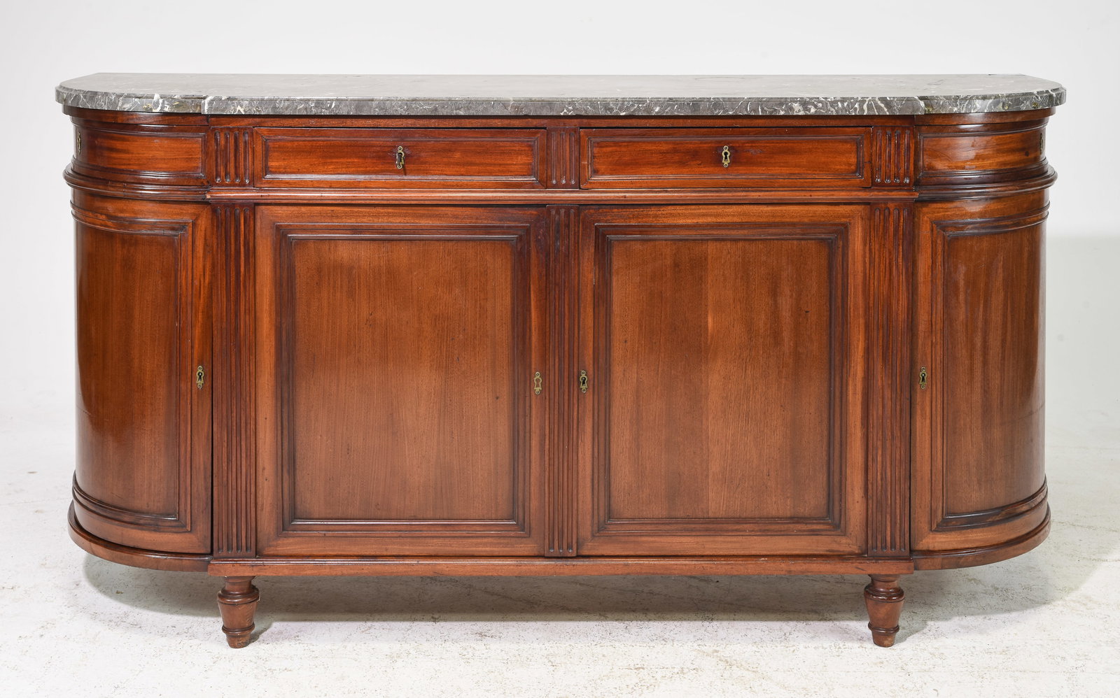 Louis XVI Style Curved Marble Top Sideboard: French Louis XVI Style Curved Marble Top Mahogany Sideboard / Enfilade - 40 in tall x 78 x 23.5