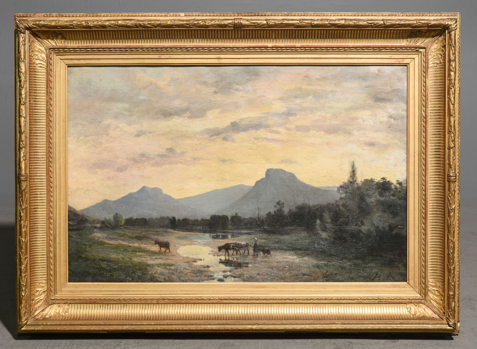 Gold Framed Oil on Canvas Landscape - Cattle (1 of 5)