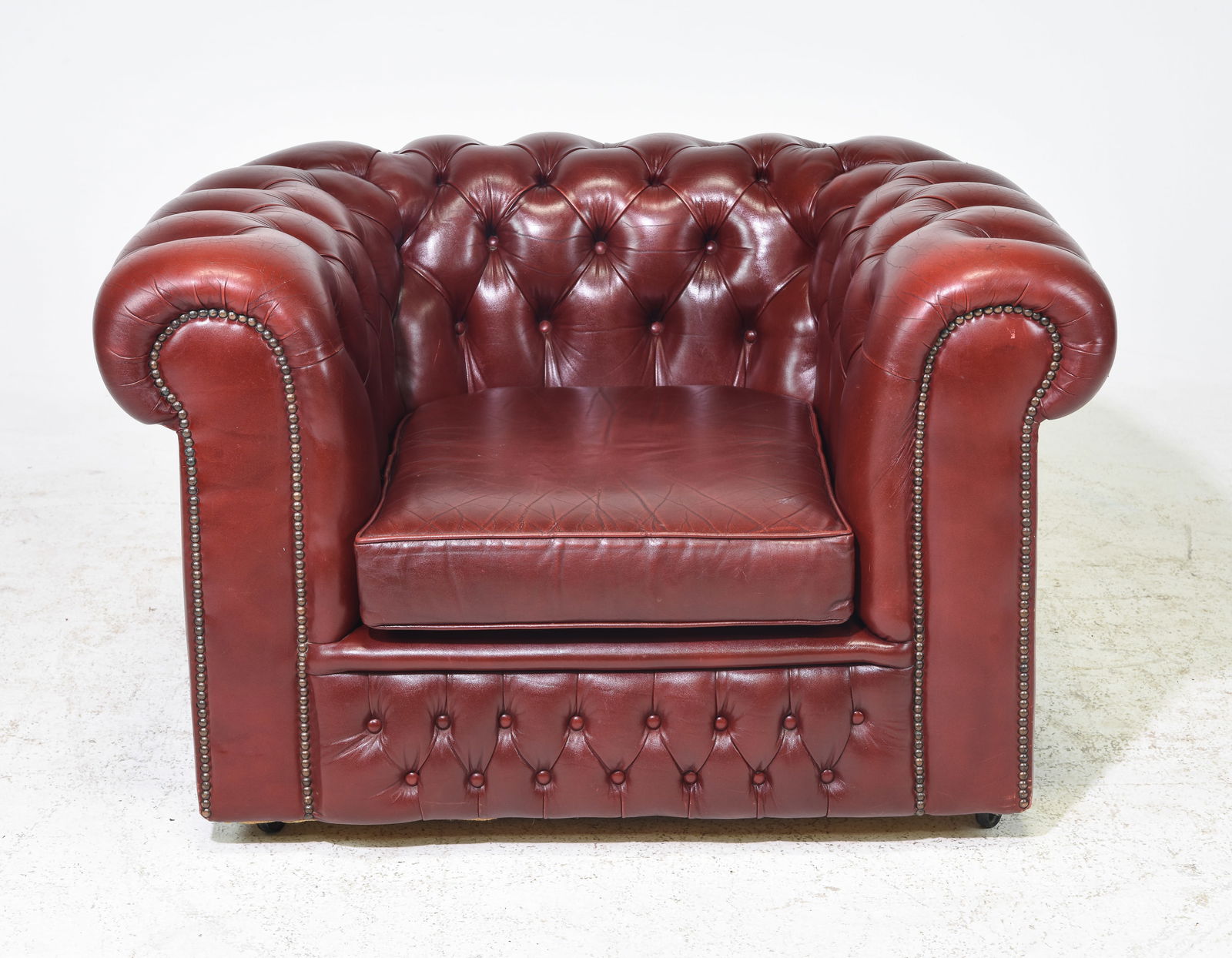 British Red Leather Chesterfield Club Chair: British Red Leather Button Tufted Chesterfield Club Chair - 26 in tall x 41 x 34, Seat height is 15 inches