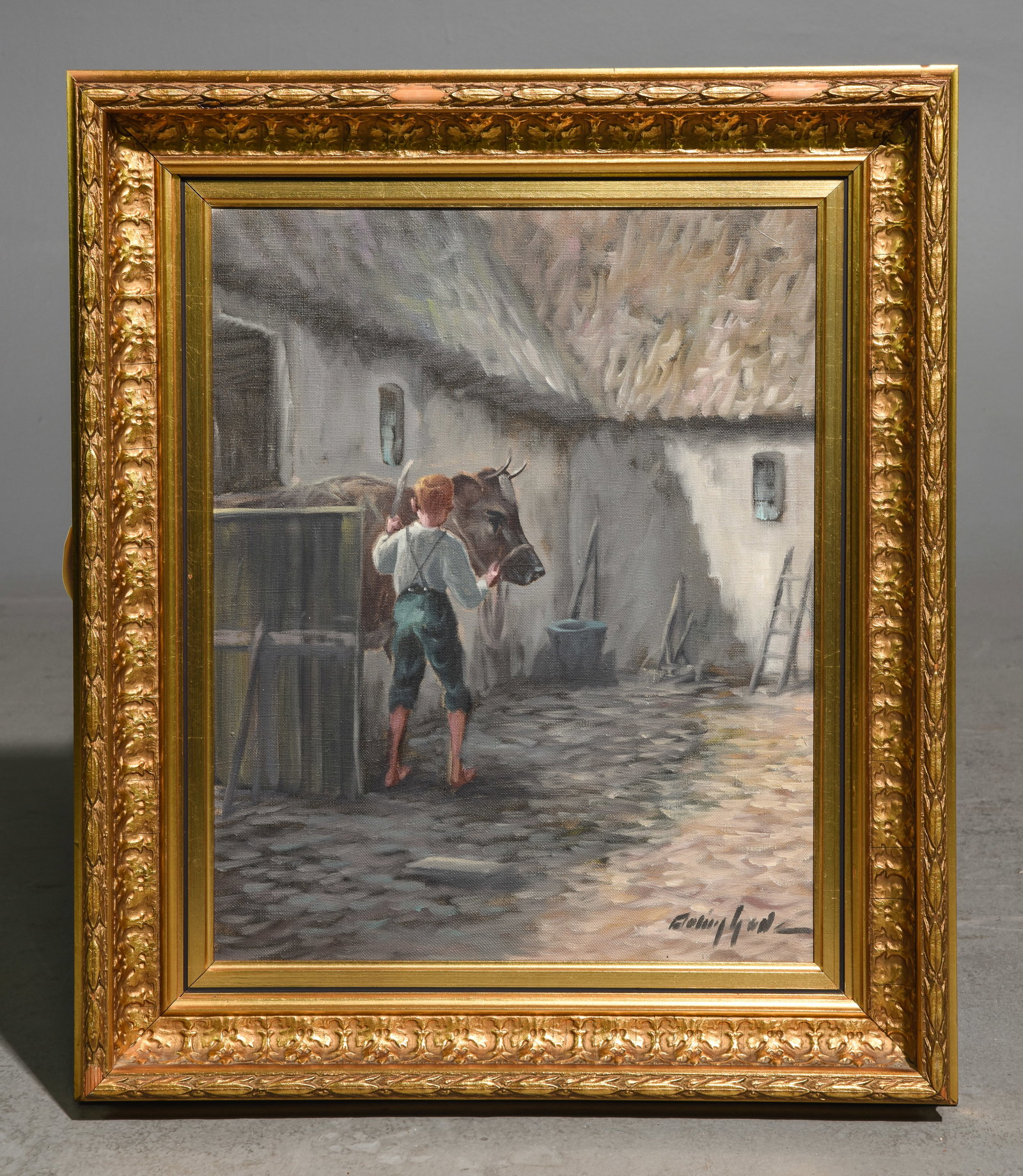 Danish Gold Framed Oil on Canvas - Boy with Cow: Danish Gold Framed Oil on Canvas - Boy with Cow - 26 in tall x 22.5 x 3.5
