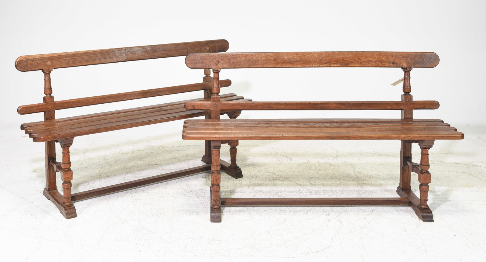 French Pair of Provincial Oak Benches: French Pair of Provincial Oak Benches - 32 in tall x 54.5 x 16 each with a seat height of 17.5 inches