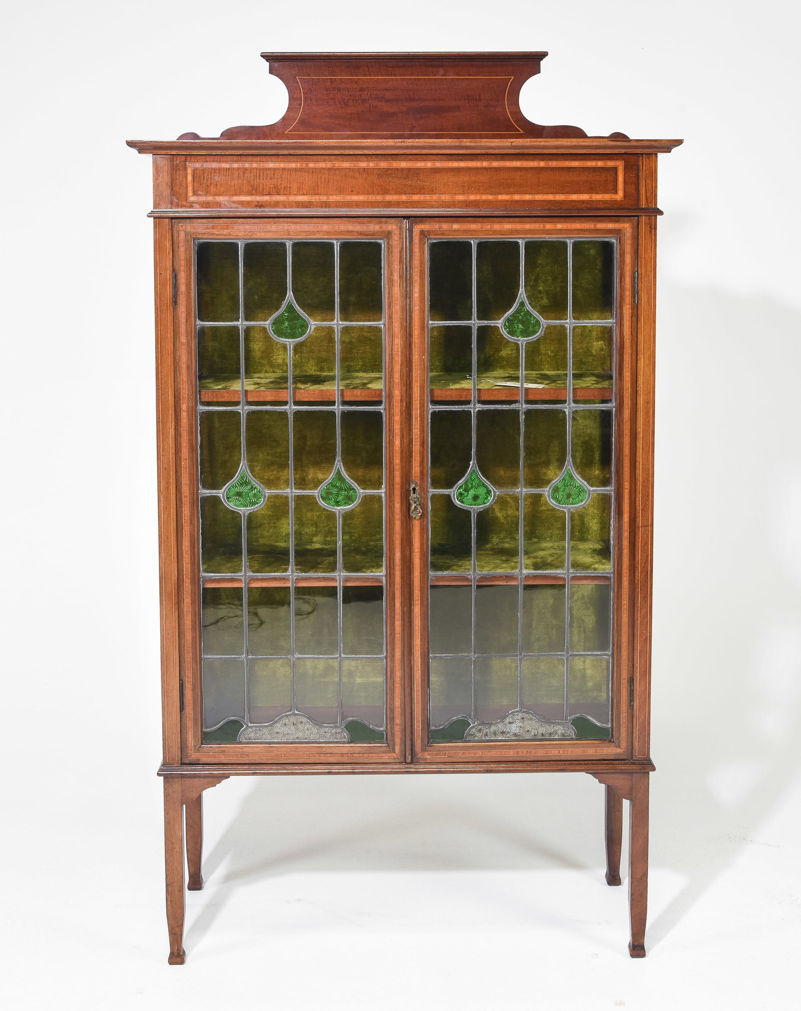 British Mahogany Curio Cabinet with Stained Glass: British Mahogany Curio Cabinet with Stained Glass c.1930's-40's - 55 in tall x 35.5 x 14