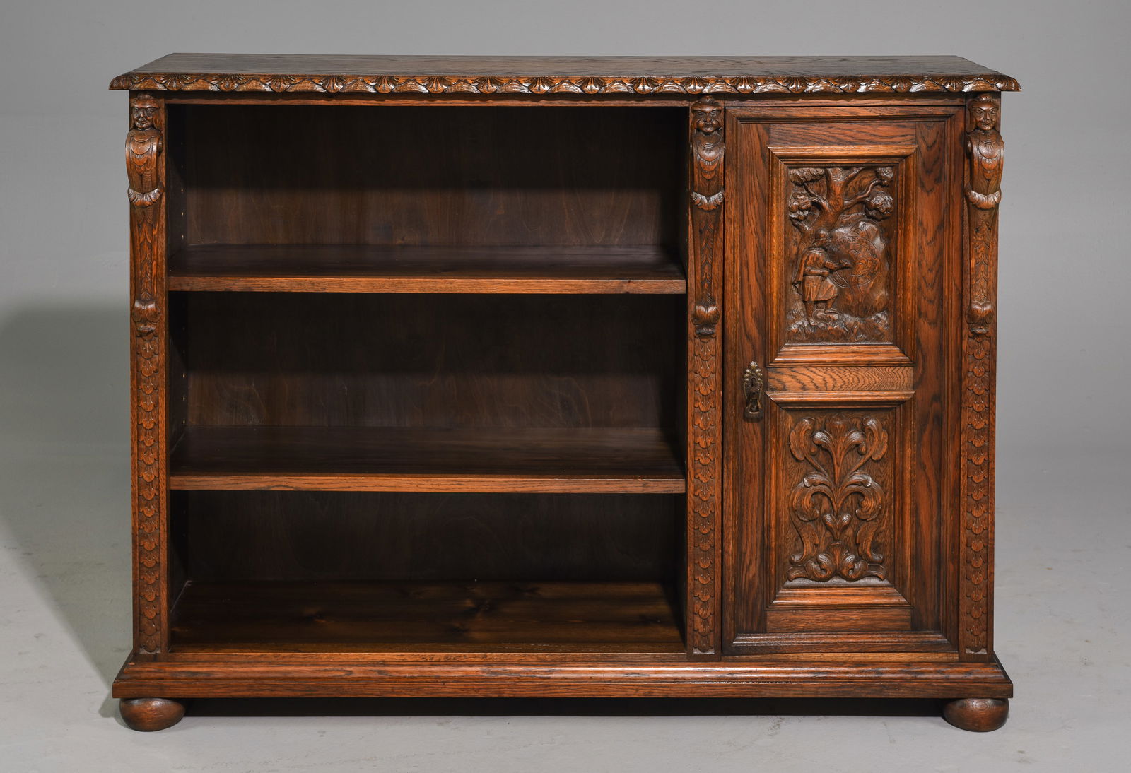 British Renaissance Style Carved Oak Open Bookshelf (1 of 8)