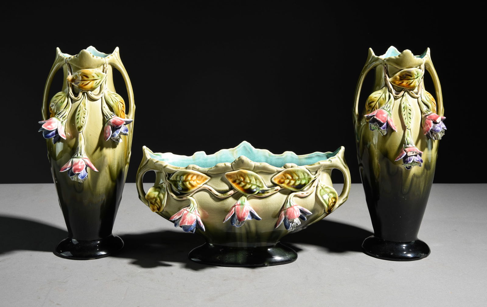 3pc French Majolica Floral Vase Set (1 of 11)
