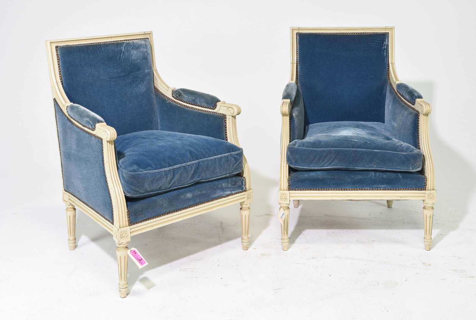 Louis XVI Style Pair of Painted Bergere Arm Chairs: French Louis XVI Style Pair of Painted Bergere Arm Chairs c.1920's-30's - 35.5 in tall x 25 x 23 each with a seat height of 18.5 inches