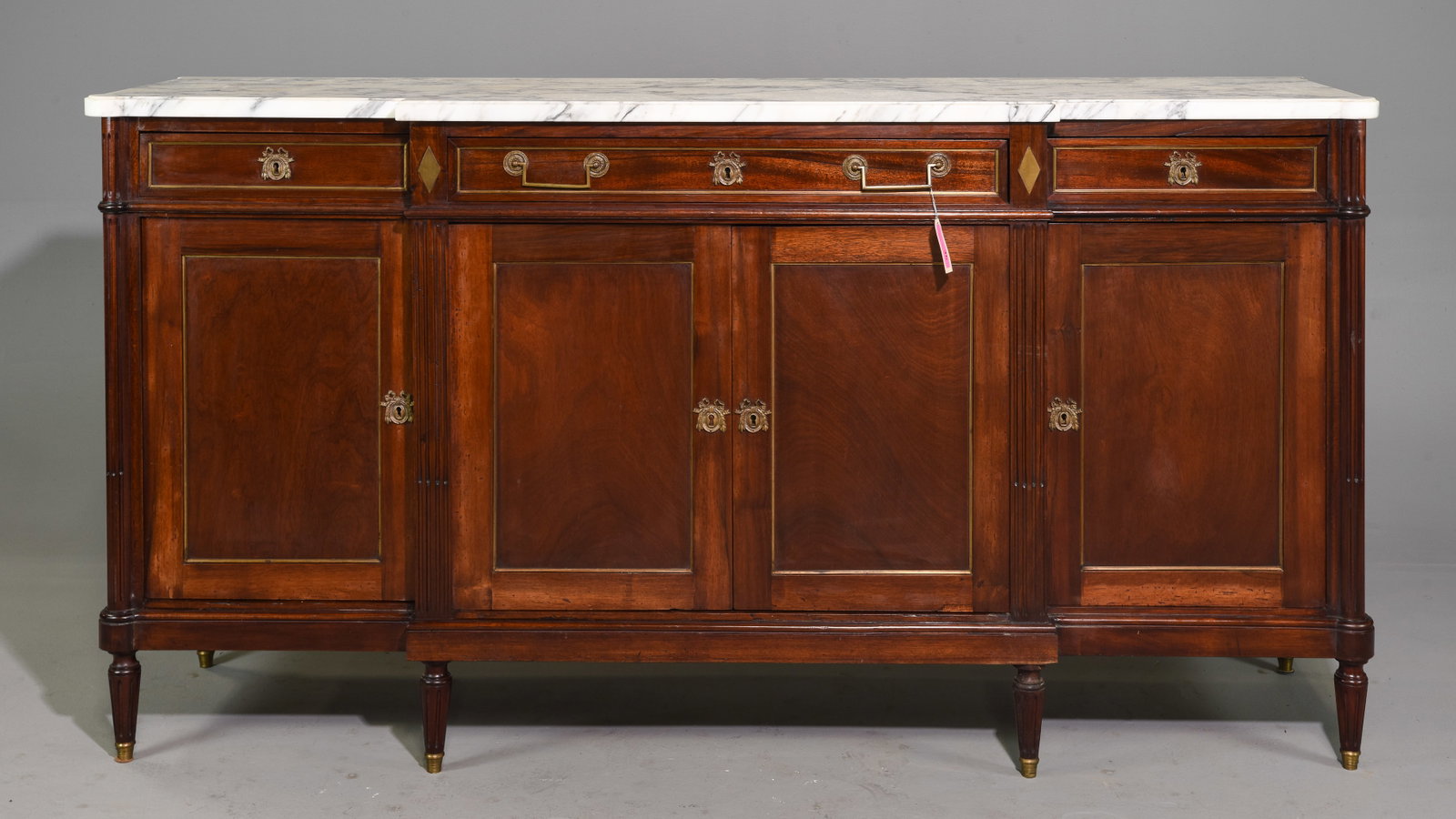 Louis XVI Style White Marble Top Sideboard: French Louis XVI Style White Marble Top Sideboard / Enfilade c.1930's-40's - 42 in tall x 79 x 21