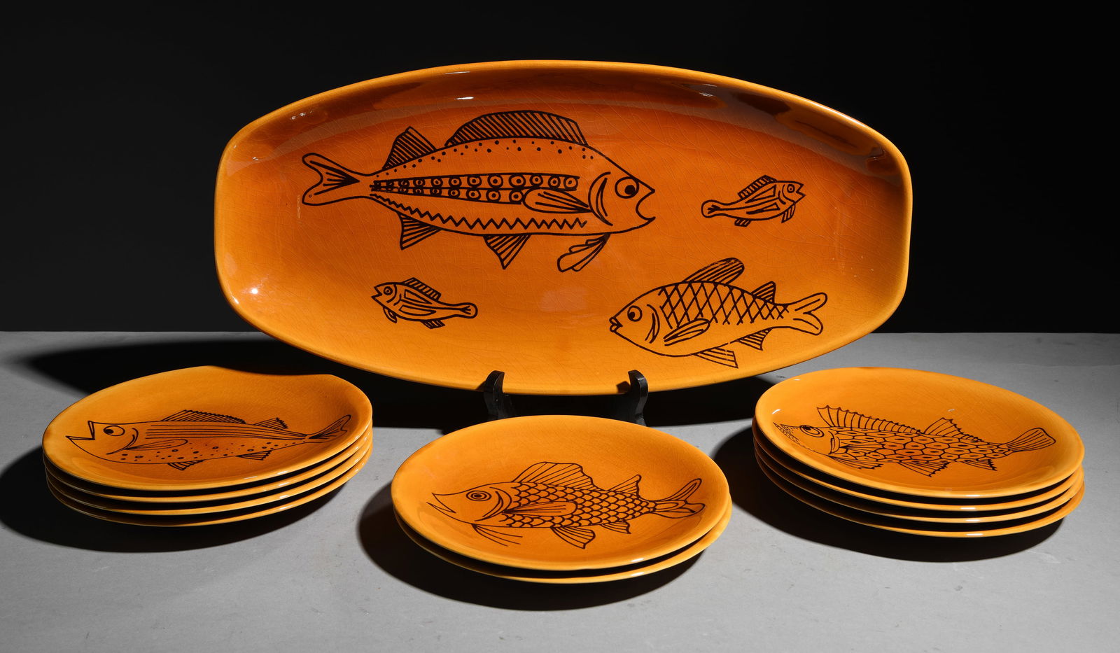 11pc French Brown Fish Plate Set - Platter & Plates (1 of 6)