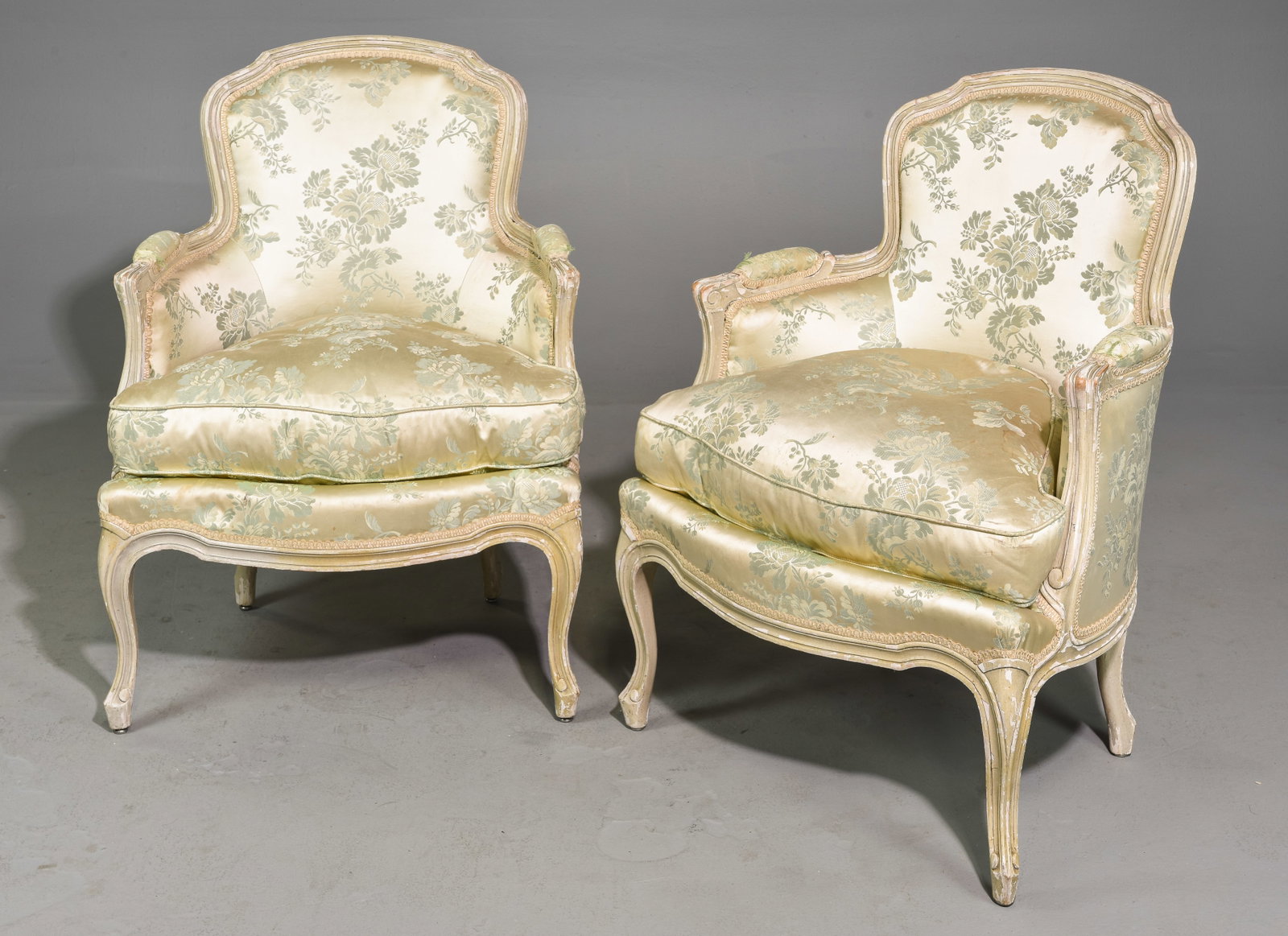 Louis XV Style Pair of Painted Bergere Arm Chairs: French Louis XV Style Pair of Painted Bergere Arm Chairs - 33.5 in tall x 24 x 25 each with a seat height of 16 inches