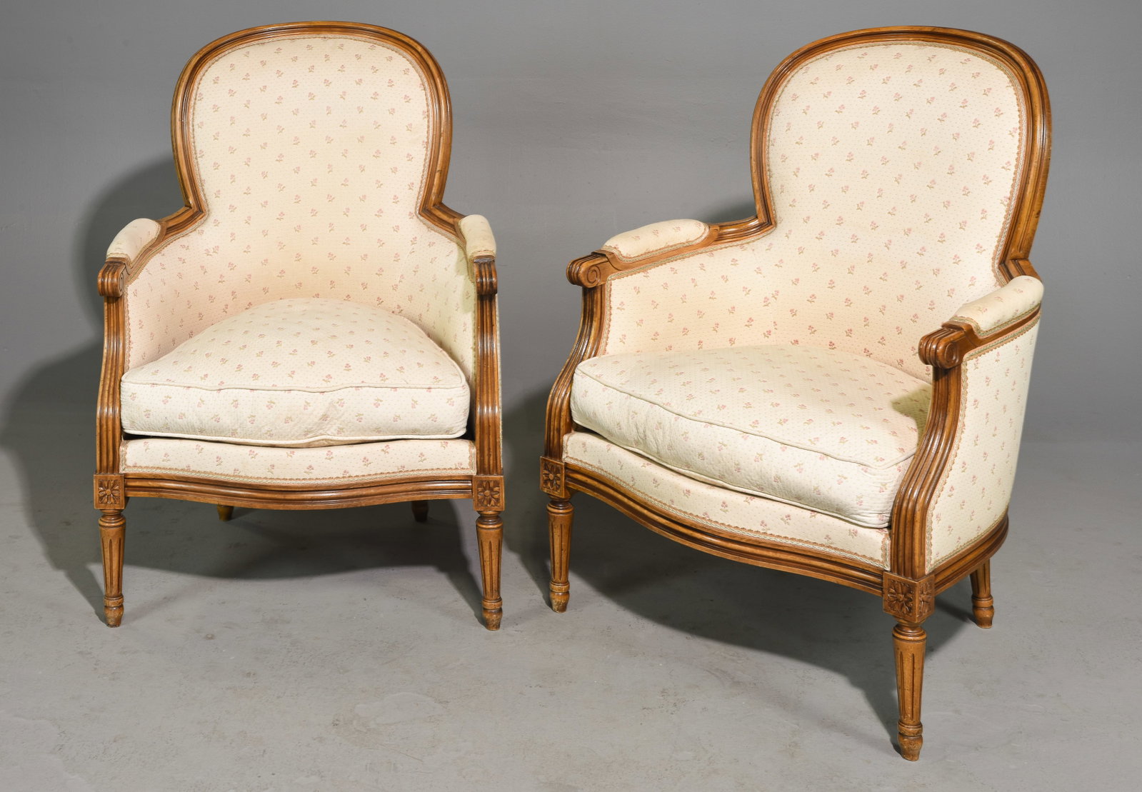 Louis XVI Style Pair of Upholstered Bergere Chairs: French Louis XVI Style Pair of Upholstered Bergere Chairs c.1930's-40's - 37 in tall x 26 x 27 each with a seat height of 17 inches