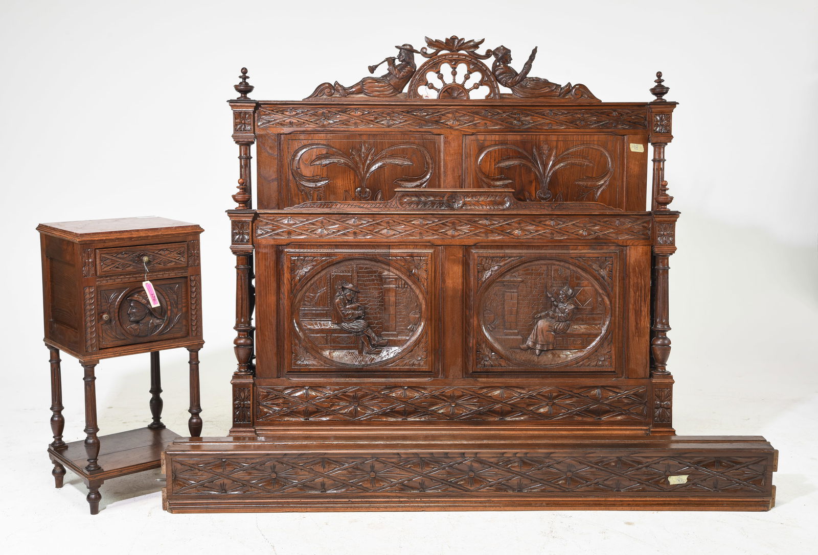 Breton Style Chestnut Bed with Rails & Nightstand: French Breton Style Chestnut Bed with Rails & Nightstand c.1920's - Headboard is 58 in tall x 58 x 4, Rails are 75 inches long each, Nightstand is 34 in tall x 16 x 13.5 - This bed is a European size