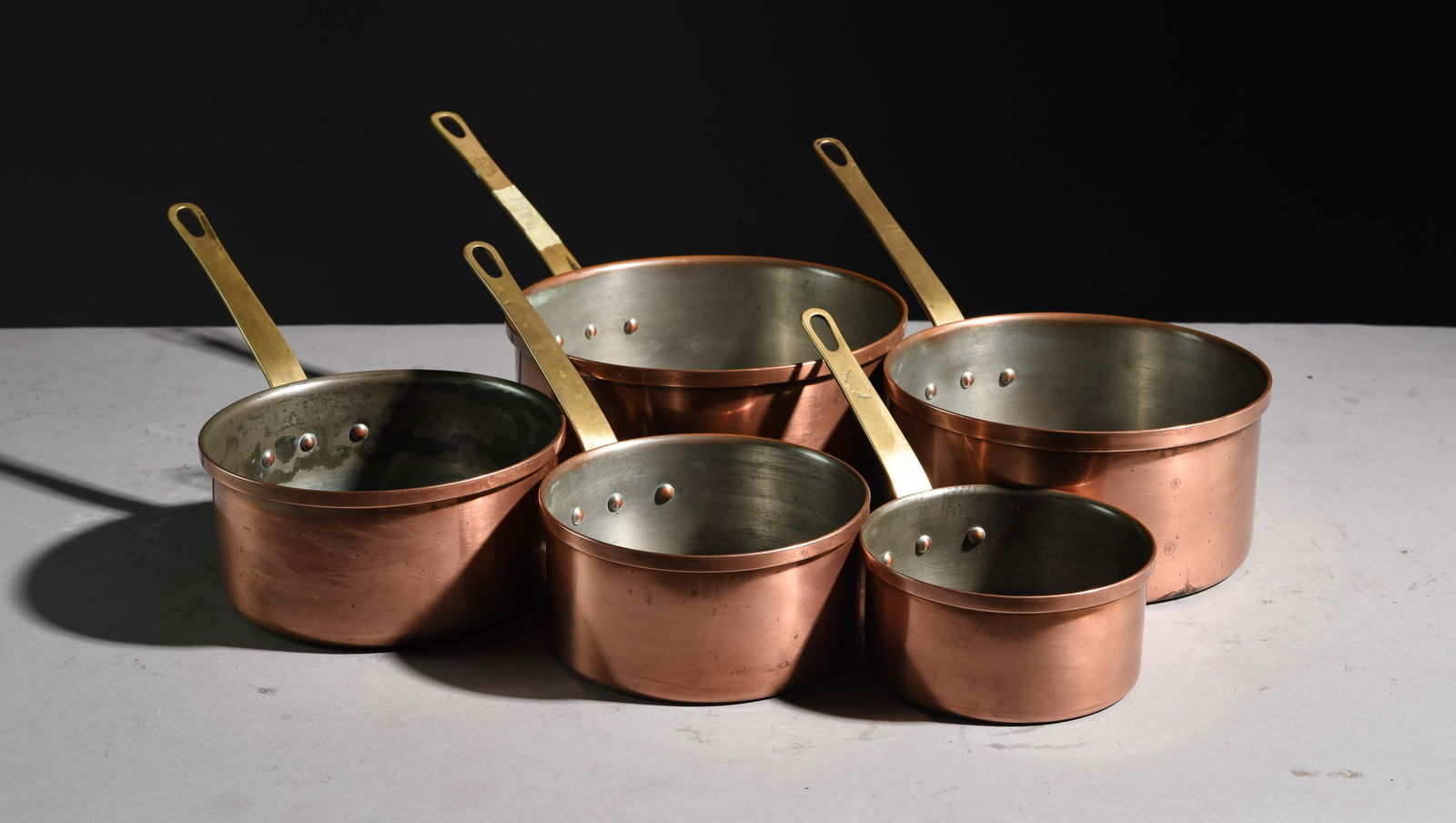 Set of 5 French Polished Copper Sauce Pans #3: Set of 5 French Polished Copper Sauce Pans - Largest is 6.5 in tall x 14 x 8.5 - Reminder, measurements are meant for shipping purposes