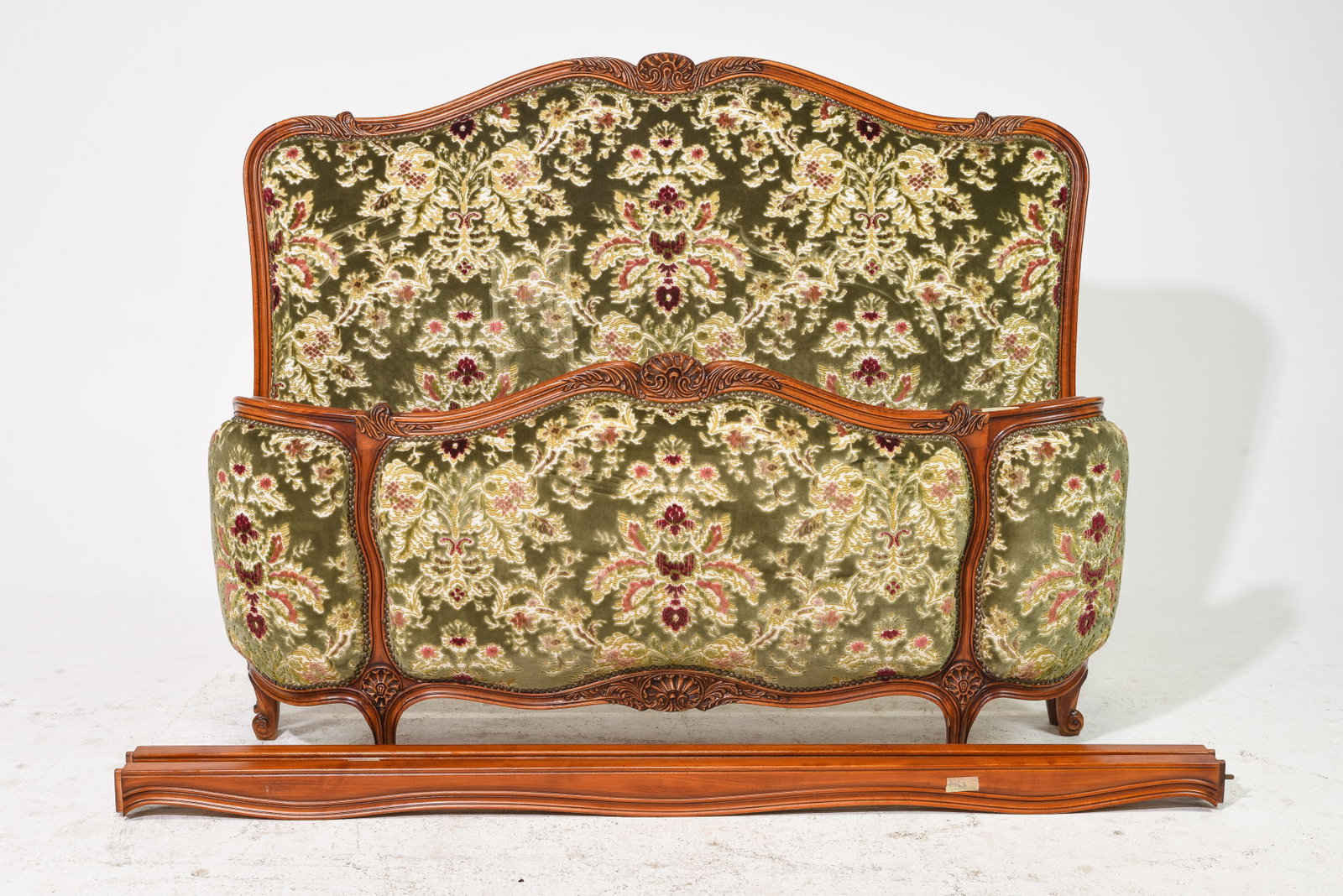 Louis XV Style Upholstered Bed With Rails: French Louis XV Style Upholstered Bed With Rails - 48 inches tall x 59 x 2, Rails are 71 inches long - This bed is a European size which can usually be converted to an American size by removing the ra