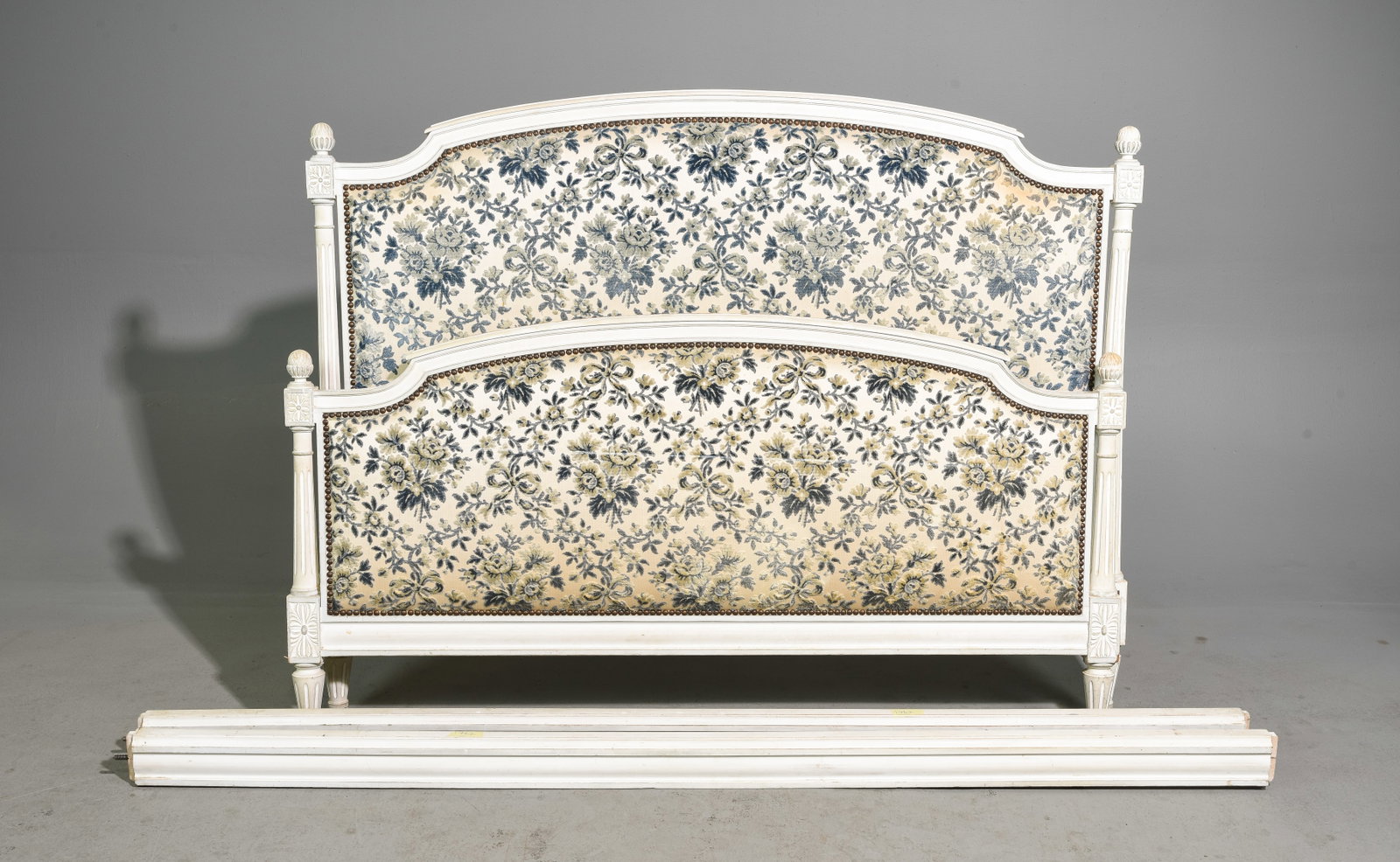 Louis XVI Style Painted Upholstered Bed With Rails: French Louis XVI Style Painted Upholstered Bed With Rails - 45 inches tall x 58 x 3, Rails are 76 inches long - This bed is a European size which can usually be converted to an American size by removi
