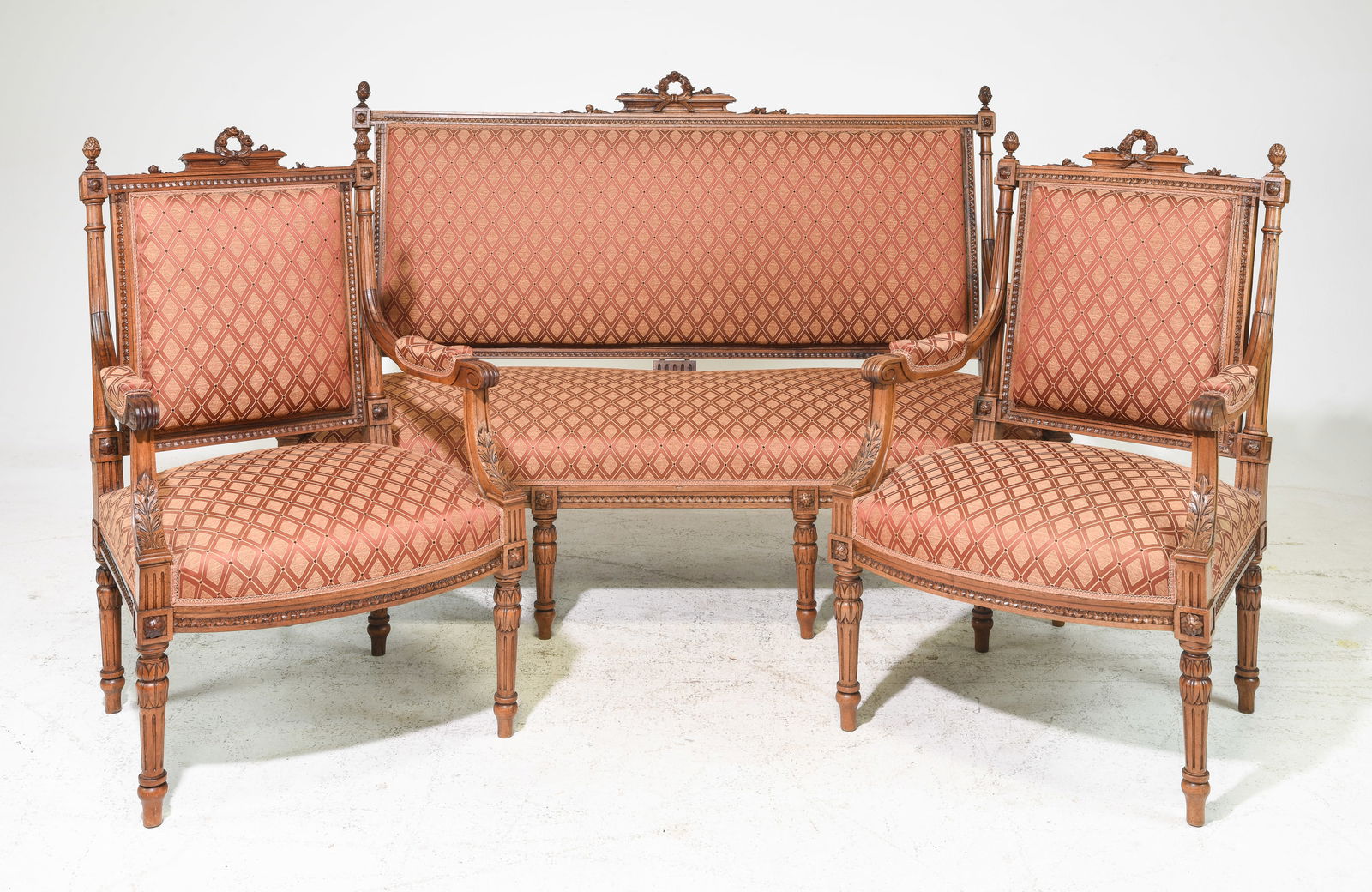Louis XVI Style Walnut Settee & Two Arm Chairs: French Louis XVI Style Walnut Settee & Two Arm Chairs c.1920's-30's - Settee is 43 in tall x 63 x 31 with a seat height of 16.5 inches, Arm chairs are 40 in tall x 26 x 27 each with a seat height of 1