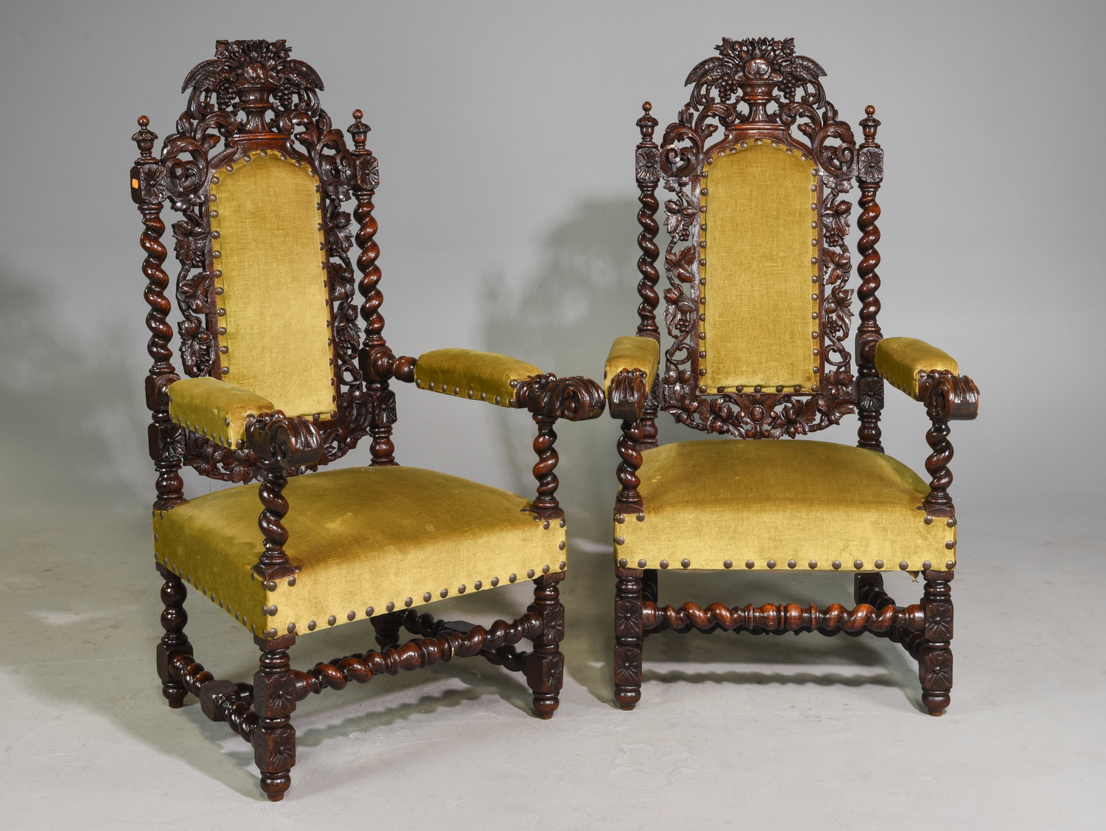 Renaissance Style Pair of French Twist Chairs: Renaissance Style Pair of Carved Oak French Twist Arm Chairs - 51.5 in tall x 27 x 28.25, Seat height is 16.5 inches
