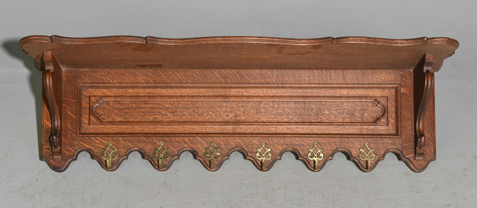 Carved Oak Wall Shelf with Hooks c.1930's-40's (1 of 4)