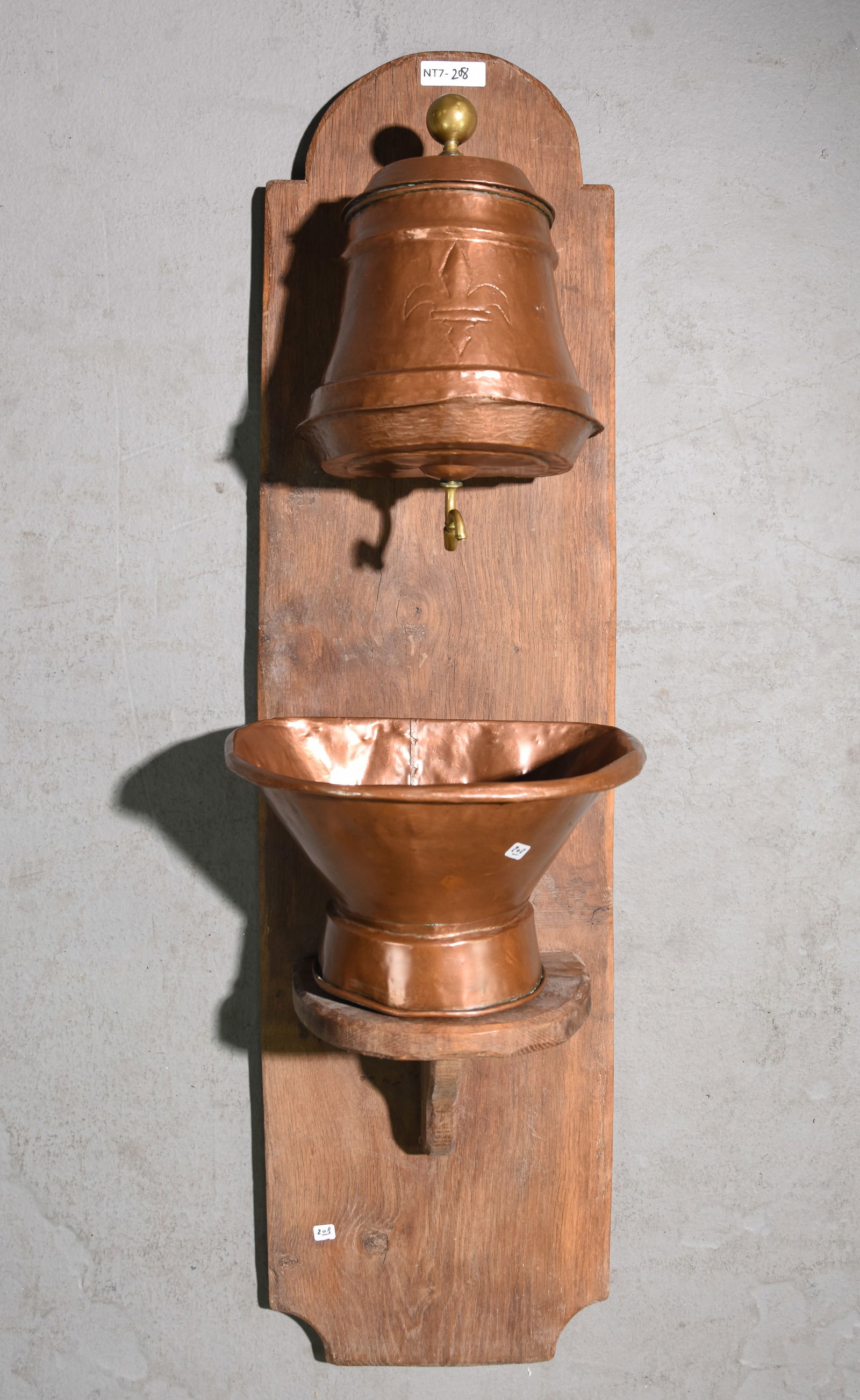 French Copper Lavabo / Water Font on Oak Board: French Copper Lavabo / Water Font on Oak Board - 55 in tall x 15.5 x 13.5