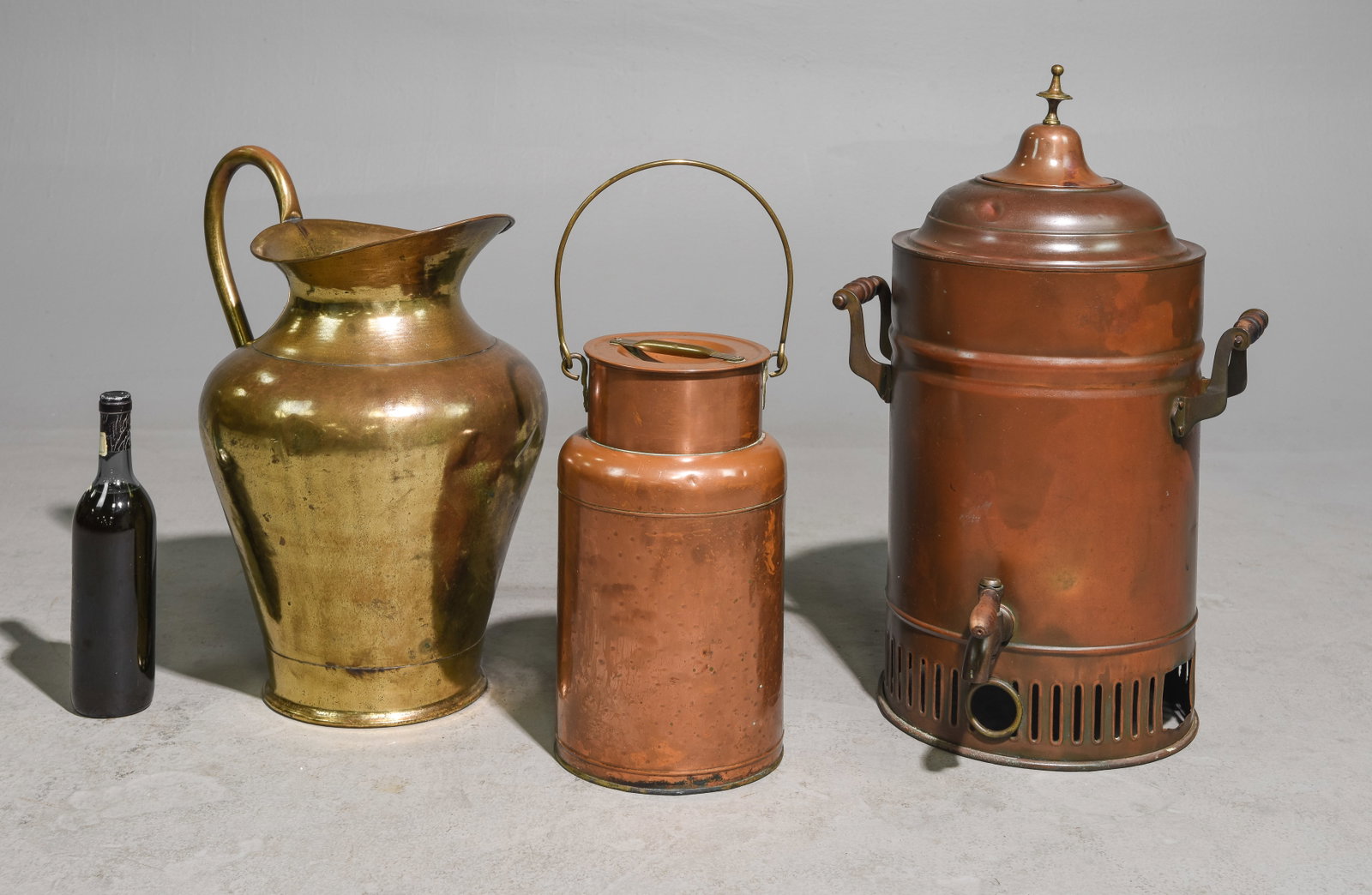 Copper Dispenser, Milk Can & Brass Pitcher: Copper Dispenser, Petite Milk Can & Brass Pitcher - Dispenser is 26 in tall x 17 x 15