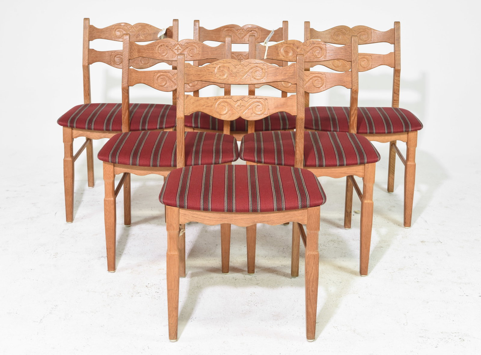 Set of 6 Danish Oak Dining Chairs: Set of 6 Danish Oak Dining Chairs - 32 in tall x 20 x 17 each with a seat height of 17 inches - Similar in style to / possibly by : S. Thrane & Son / Henning Kjaernulf / Guillerme & Chambron.