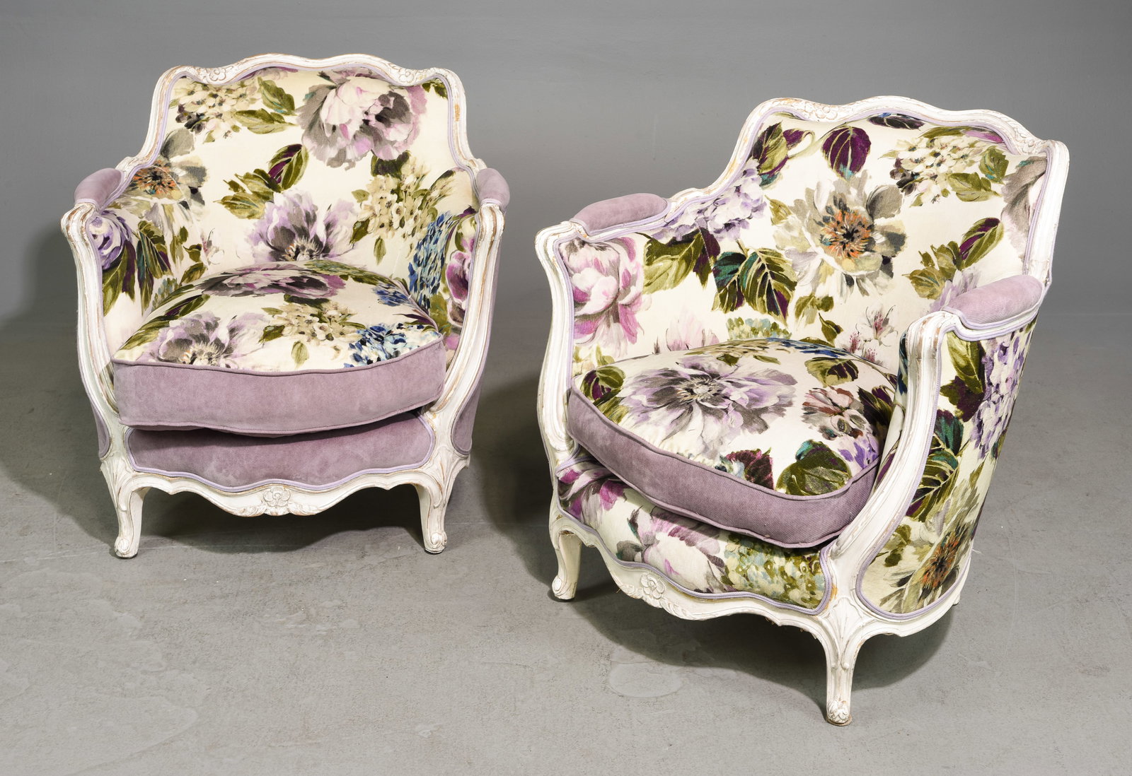 Louis XV Style Floral Upholstered Bergere Chairs: French Louis XV Style Floral Upholstered Bergere Chairs - 30 in tall x 30 x 32, Seat height is 17 inches