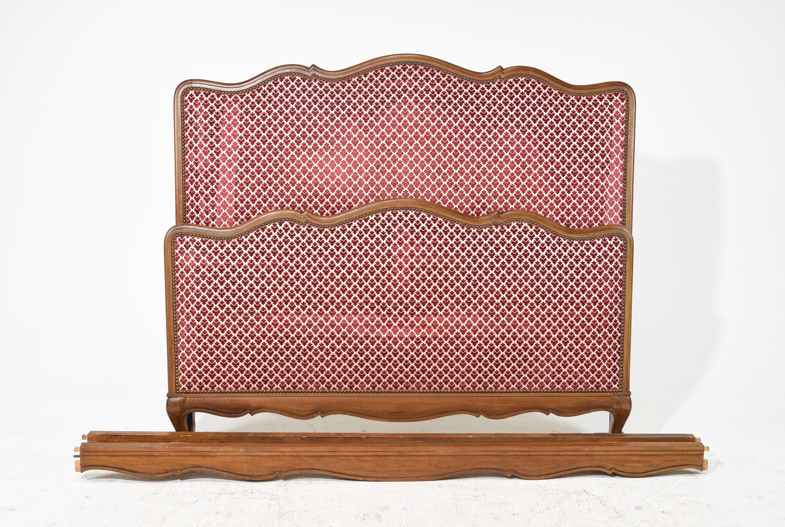 Louis XV Style Upholstered Bed with Rails: French Louis XV Style Upholstered Bed with Rails in Beech - Headboard is 51 in tall x 59 x 3, Rails are 75 inches long each - This bed is a European size which can usually be converted to an American