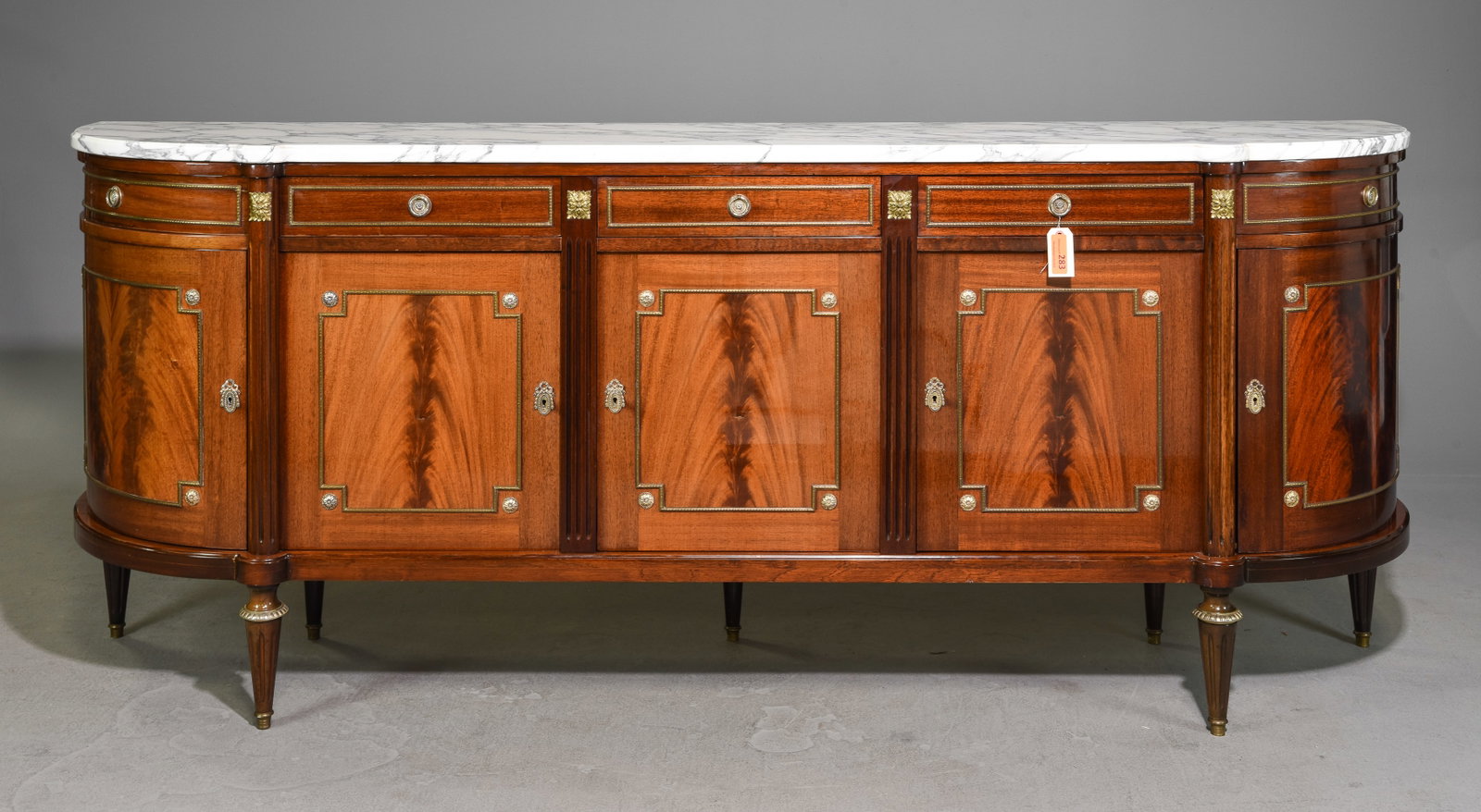 Louis XVI Style White Marble Top Sideboard: French Louis XVI Style White Marble Top Sideboard / Enfilade c.1940's-50's - 39.5 in tall x 98.5 x 21 - This is 8.2 feet long