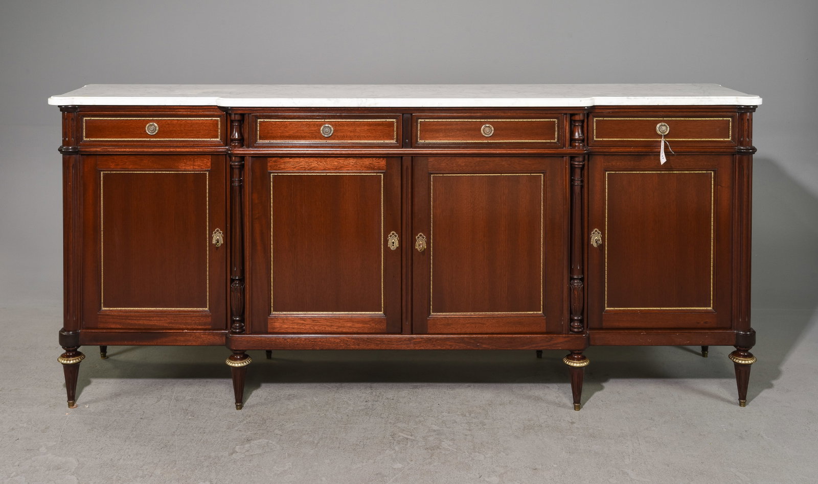 Louis XVI Style White Marble Top Mahogany Sideboard: French Louis XVI Style White Marble Top Mahogany Sideboard / Enfilade - 39 in tall x 90 x 20 - This is 7.5 feet long