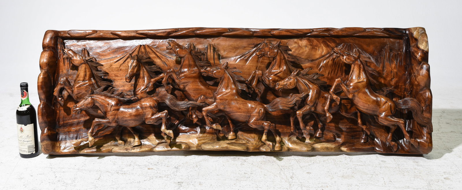Hand Carved Teak Wood Plaque with 8 Horses #1 (1 of 5)