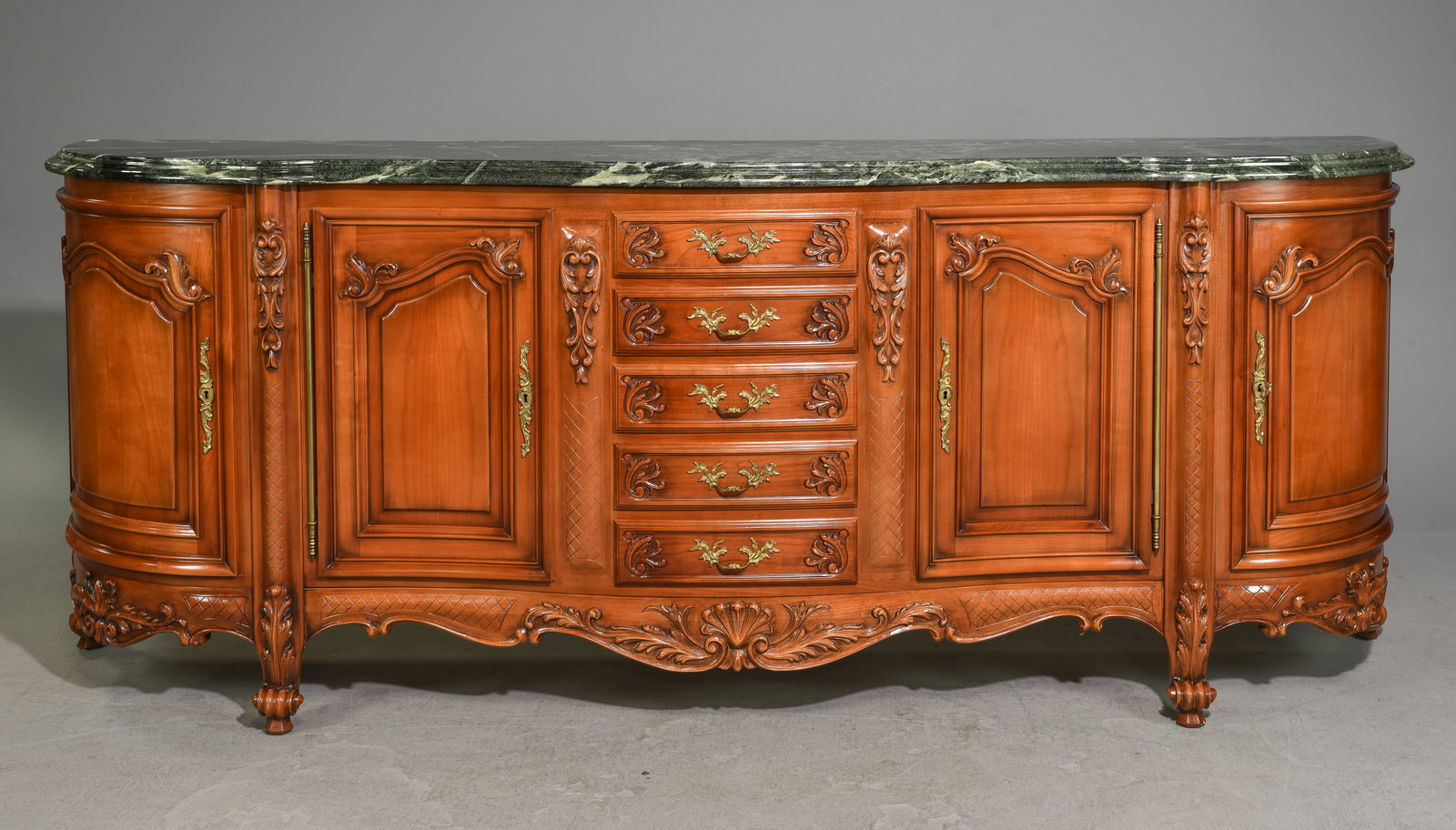 Louis XV Style Green Marble Top Sideboard: French Louis XV Style Green Marble Top Sideboard / Enfilade c.1940's-50's - 39.5 in tall x 101 x 23.5 - This is 8.4 feet long