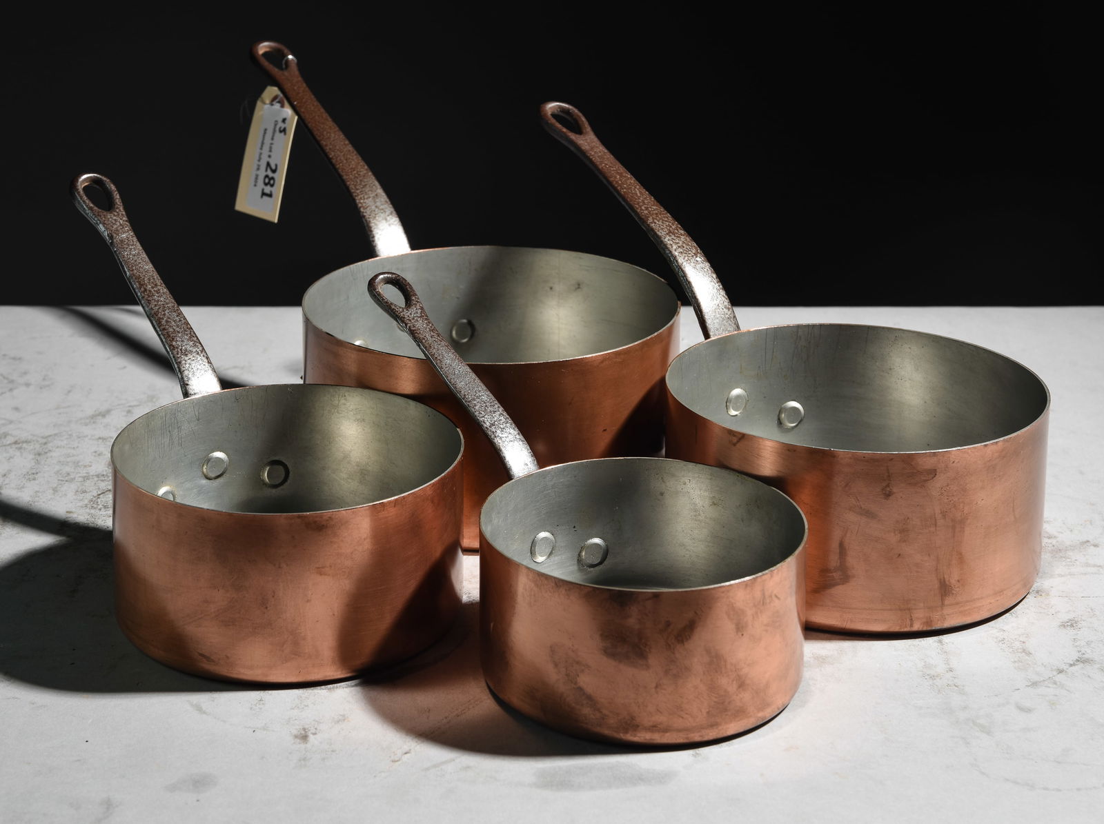 Set of 4 French Polished Copper Sauce Pans: Set of 4 French Polished Copper Sauce Pans with Iron Handles - Largest is 4 in tall x 16 x 8 - Reminder, measurements are for shipping purposes