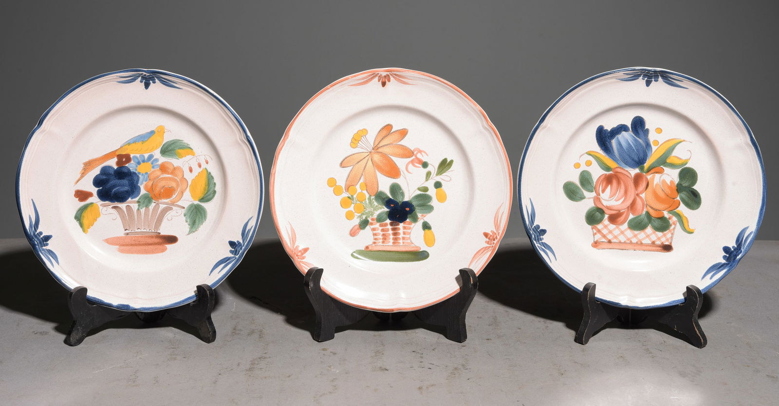 Three French Hand Painted Plates: Three French Hand Painted Plates - Fiat a La Main - 1 in tall x 9.5 inch diameter each