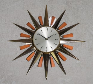 Mid Century Modern Burst Wall Clock with Teak Accents