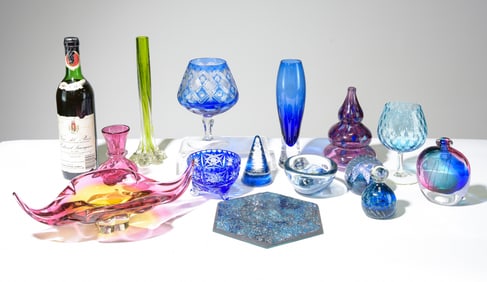 14pcs Assorted Art Glass, Snifters, Vases, Etc.