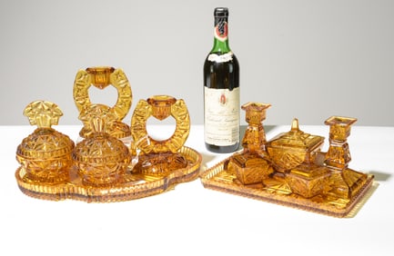 2 Vintage Amber Glass Dresser Sets