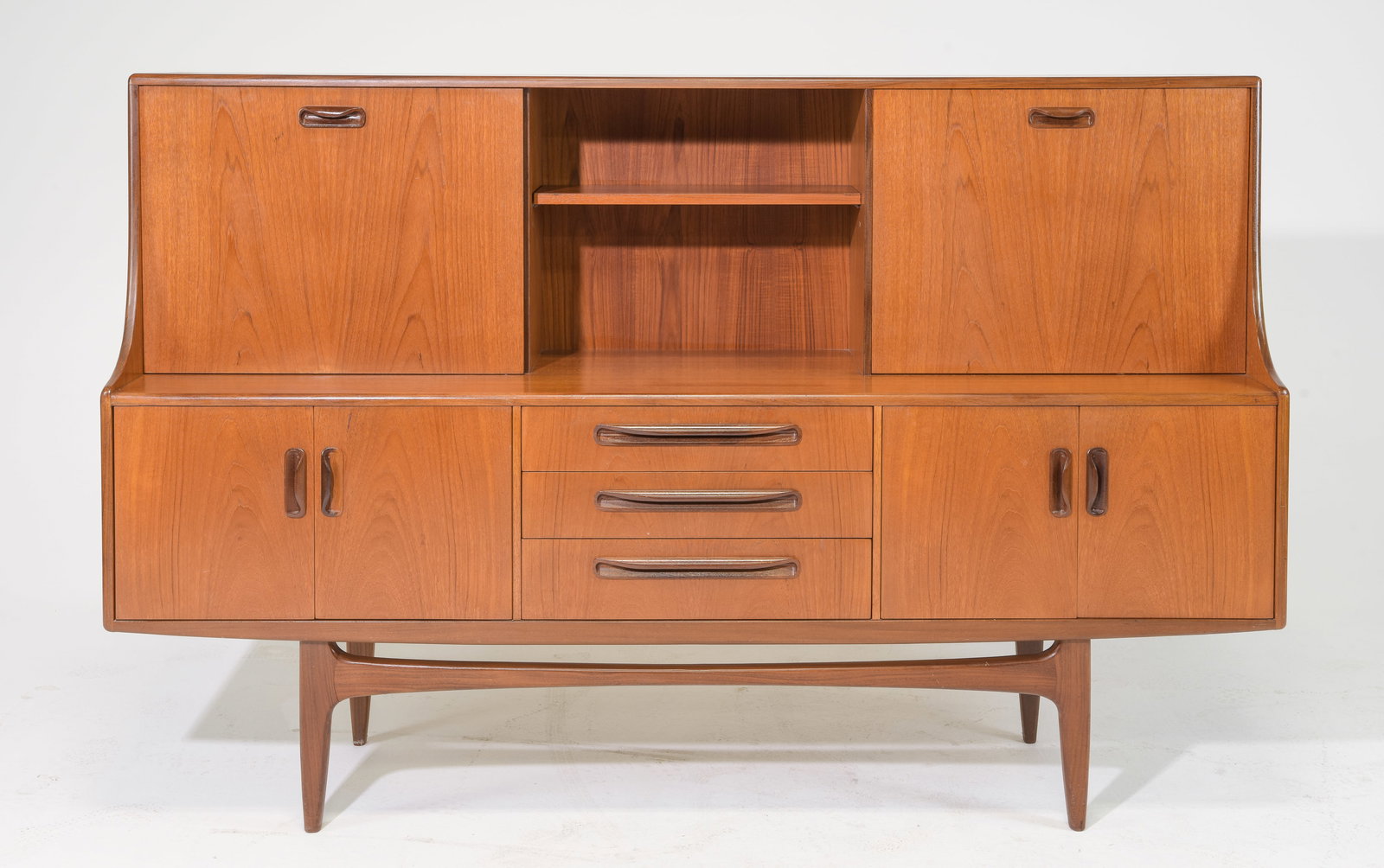 Mid Century Teak Cocktail Cabinet - Gplan - Fresco: This Danish Modern Style hutch / high board is British and made by Mid Century Modern Furniture Maker G Plan ( Gplan ) & is part of their "Fresco" Range. It has a drop down section and open stretcher 