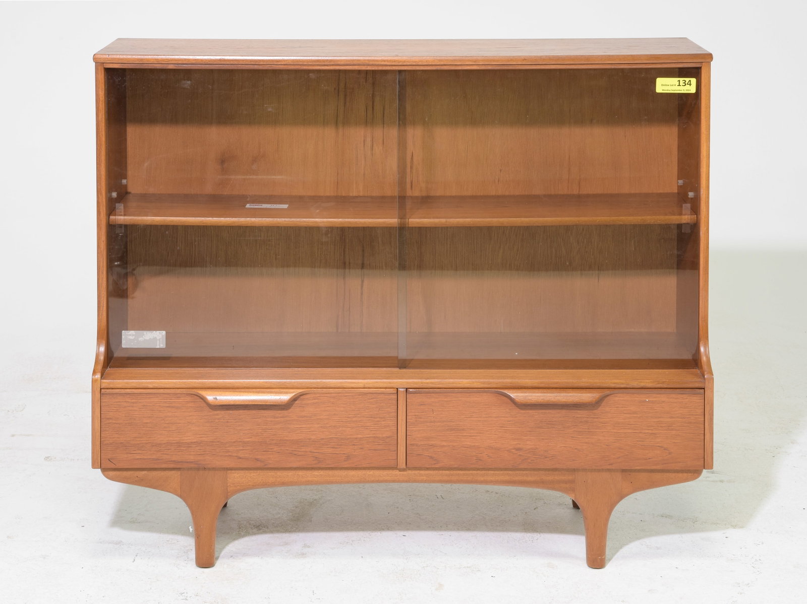 Mid Century Modern Sliding Glass Doors Bookcase: Danish Modern Style Sliding Glass Doors Bookcase / Hall Cabinet - 35.5 inches tall x 42 x 12