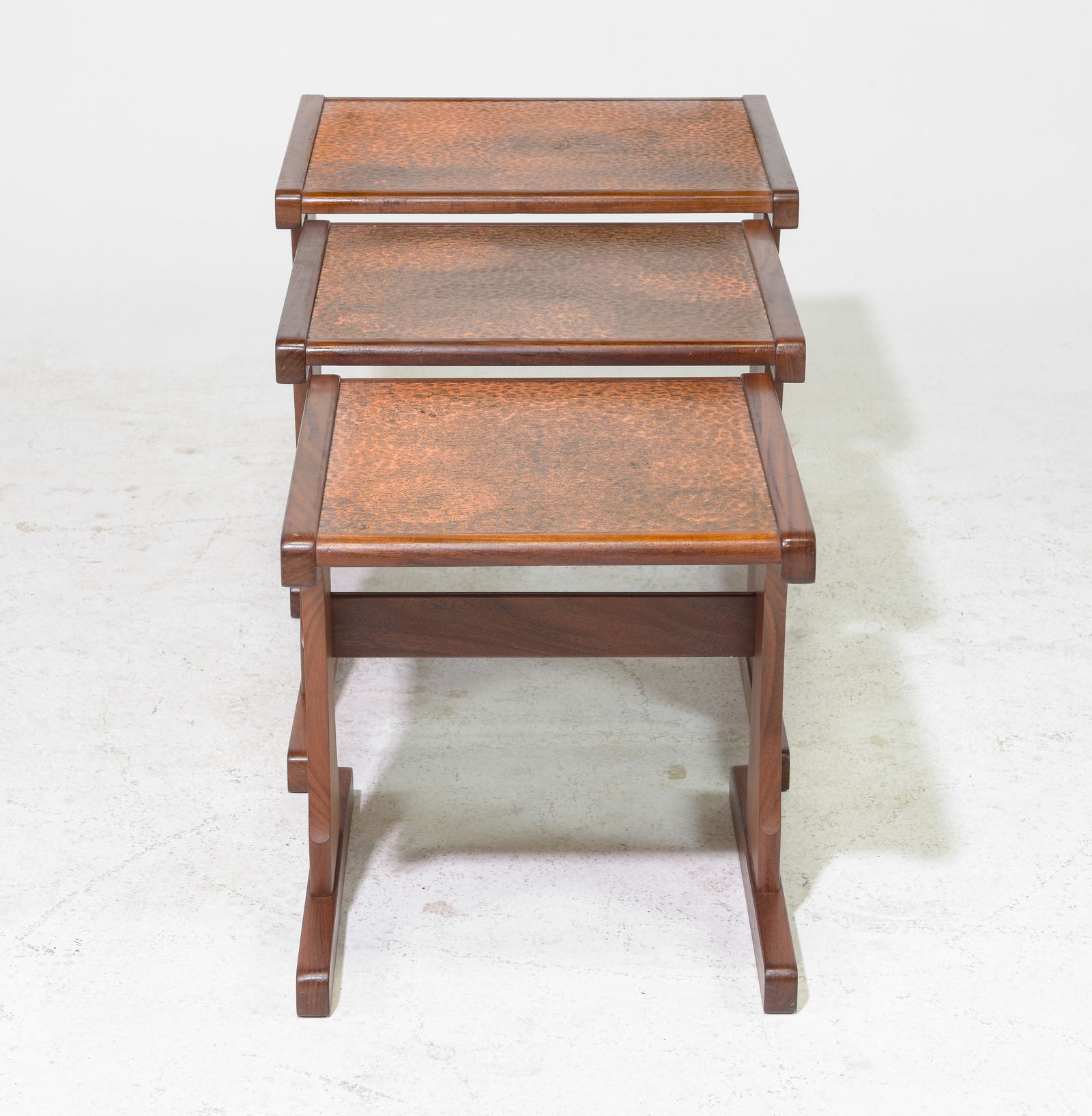 Mid Century Modern Copper Top Nest Of 3 Tables: Danish Modern Style Copper Top Nest Of Three Tables - largest is 18.5 inches tall x 22 x 17, middle one is 17.5 inches tall x 18.5 x 16.5, smallest one is 16.5 inches tall x 16 x 16