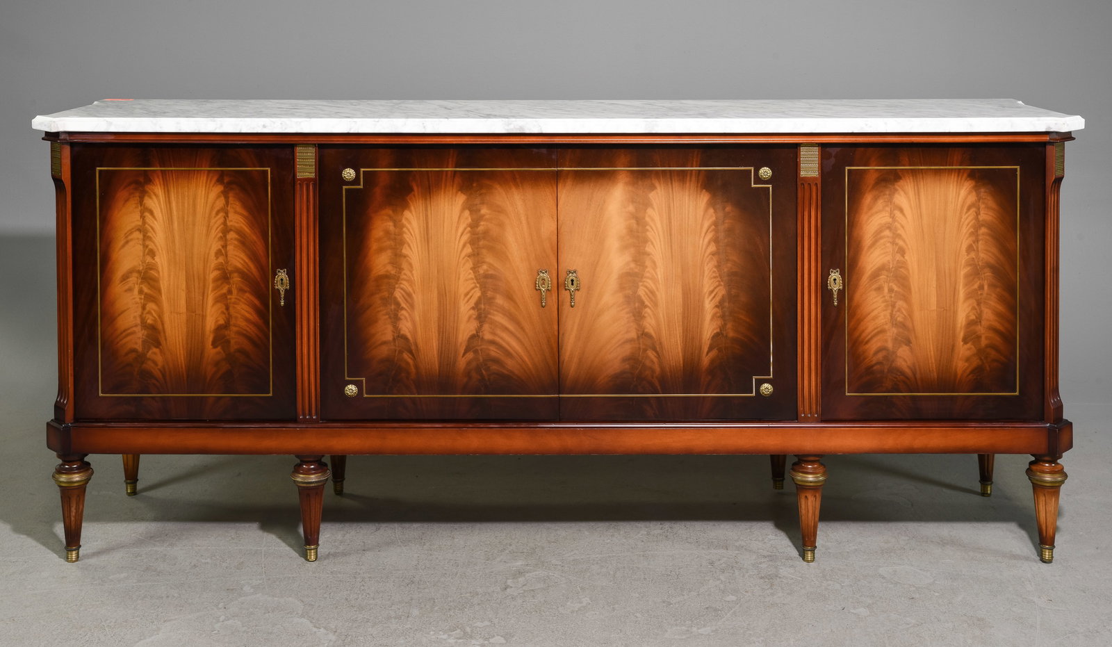 Louis XVI Style White Marble Top Sideboard: French Louis XVI Style White Marble Top Mahogany Sideboard / Enfilade c.1950's-60's - 39.5 in tall x 91 x 22 - This is 7.58 feet long