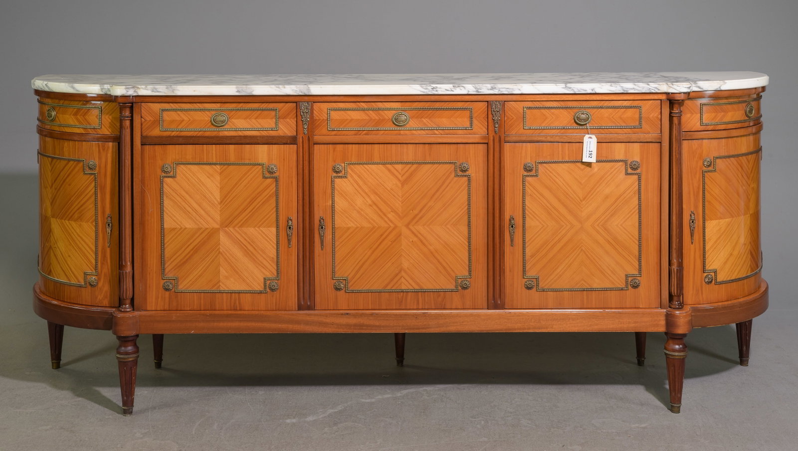 Louis XVI Style White Marble Top Inlaid Sideboard: French Louis XVI Style White Marble Top Inlaid Sideboard / Enfilade c.1930's-40's - 41 in tall x 98 x 22