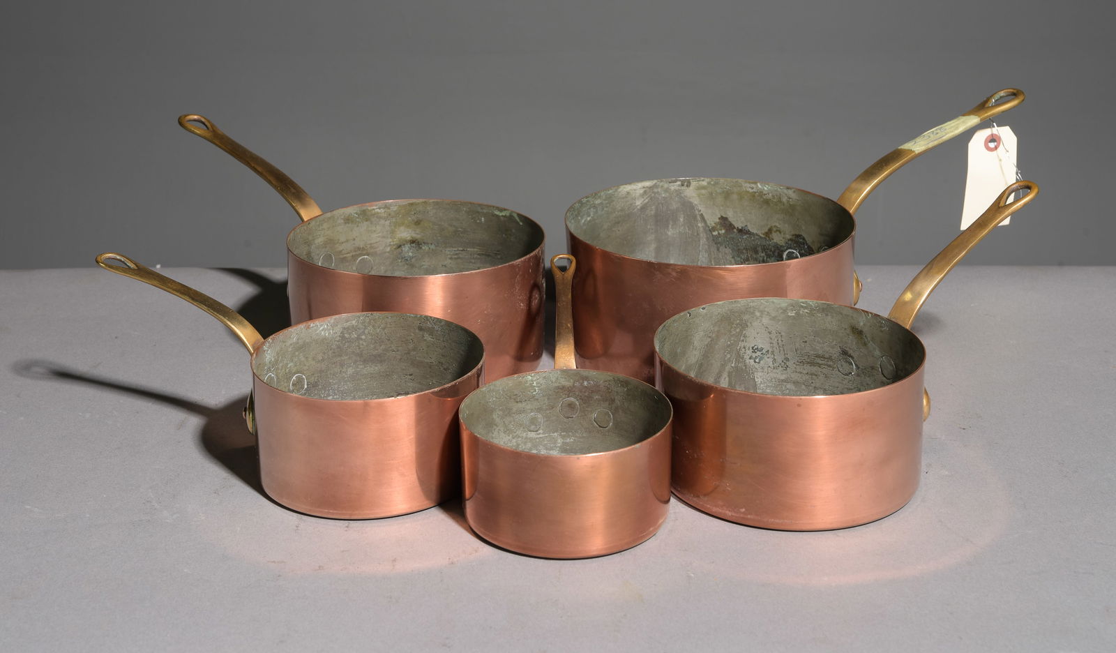 Set of 5 French Polished Copper Sauce Pans #2: Set of 5 French Polished Copper Sauce Pans with Iron Handles - Largest is 6 in tall x 8 x 15.5 - Reminder, measurements are for shipping purposes