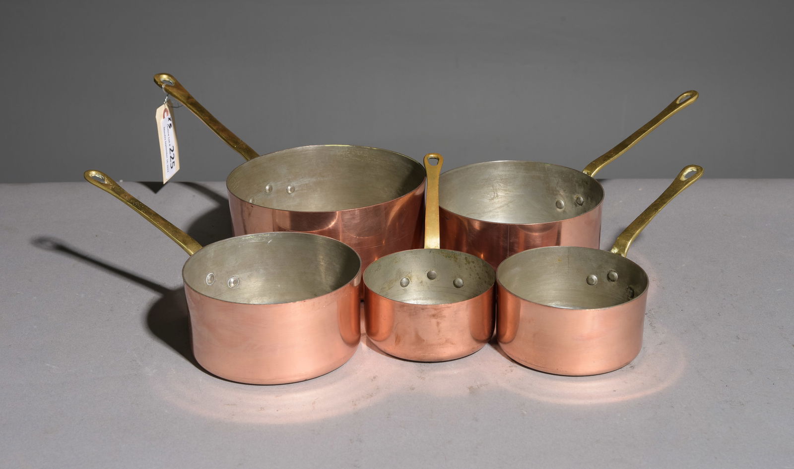 Set of 5 French Polished Copper Sauce Pans #1: Set of 5 French Polished Copper Sauce Pans with Iron Handles - Largest is 7 in tall x 7.5 x 14.5 - Reminder, measurements are for shipping purposes